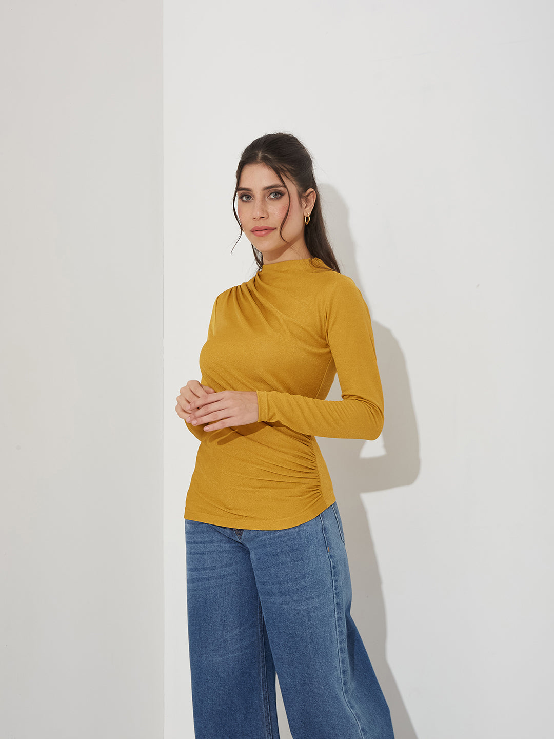 Golden Draped Polo Neck Full Sleeve Polyester Top for Women