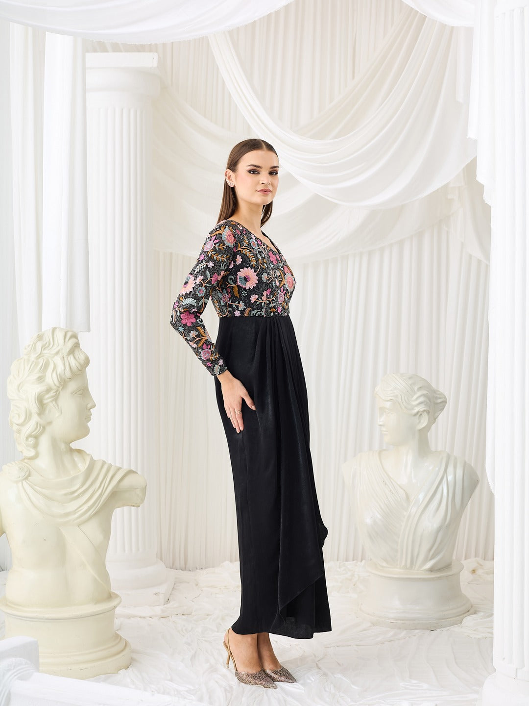 Luxe Satin Gown in Black with One-Shoulder Embroidery & Full Sleeve for Women