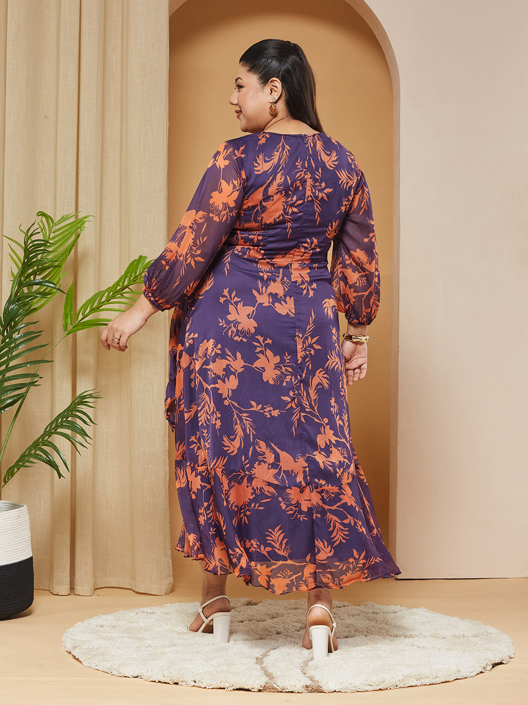 Multicolored-Base-Purple V-Neck Three-Quarter-Sleeves Floral Wrap Chiffon Midi Dress for Women