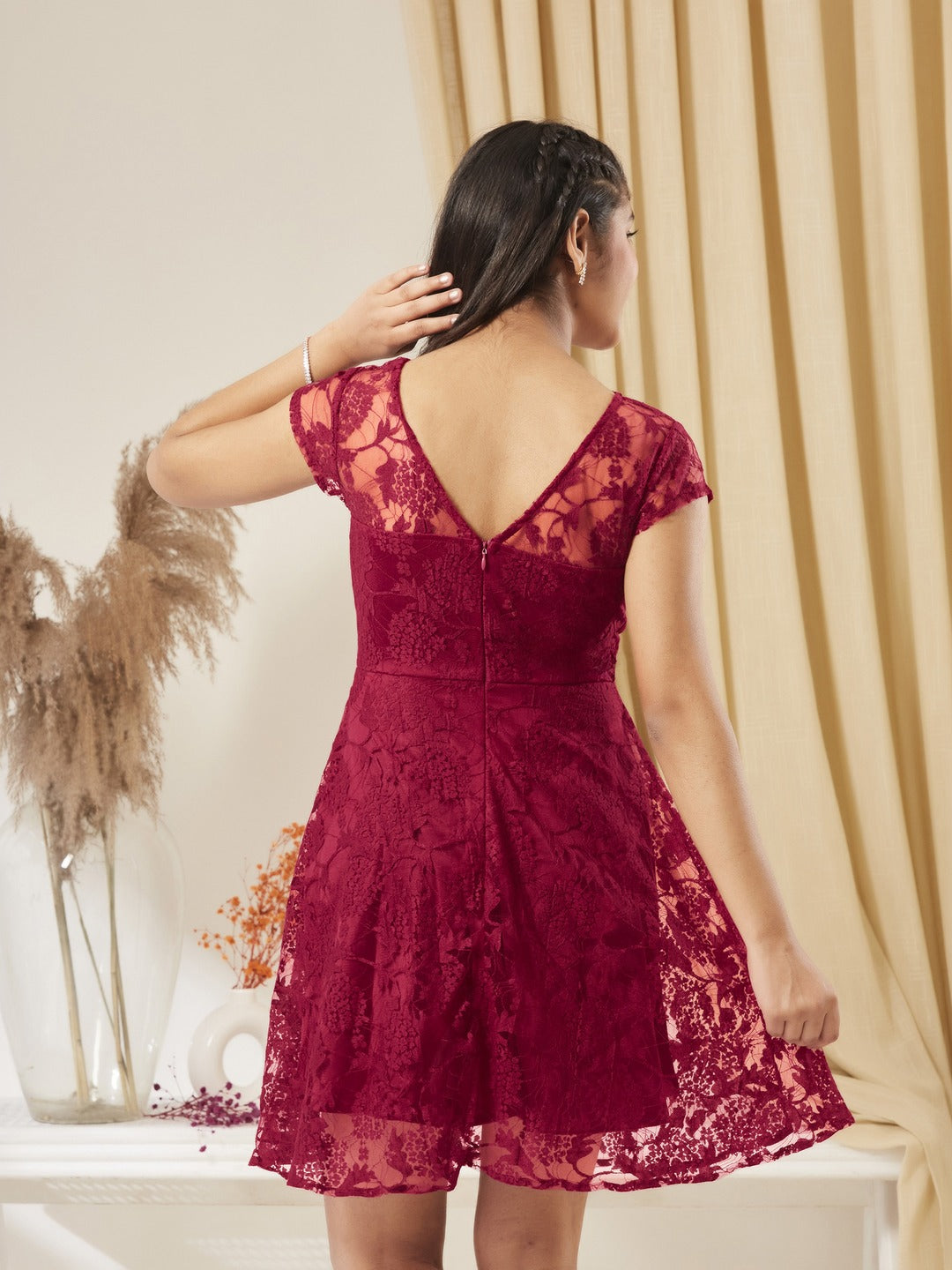 Dark Pink Round Neck Cap Sleeves Low Back Lace Skater Dress for Girls/Teenagers