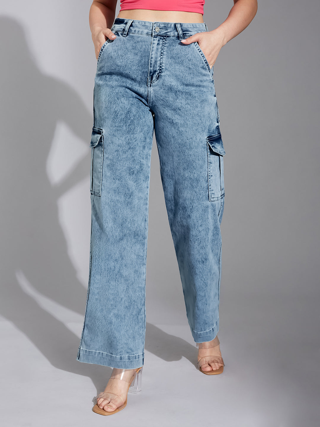 Women's Light Blue Wide-Leg High-Rise Clean-Look Stretchable Flared Cargo Style Denim Jeans