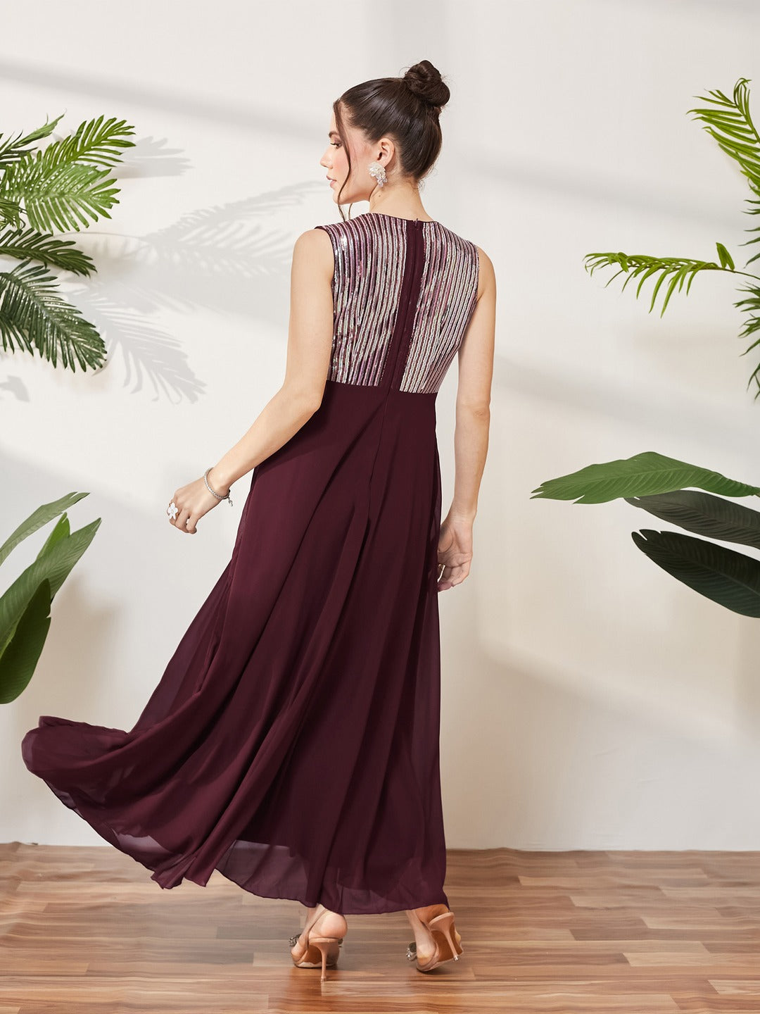 Wine V-Neck Sleeveless Embellished Wrap-Styled Maxi Georgette Dress for Women