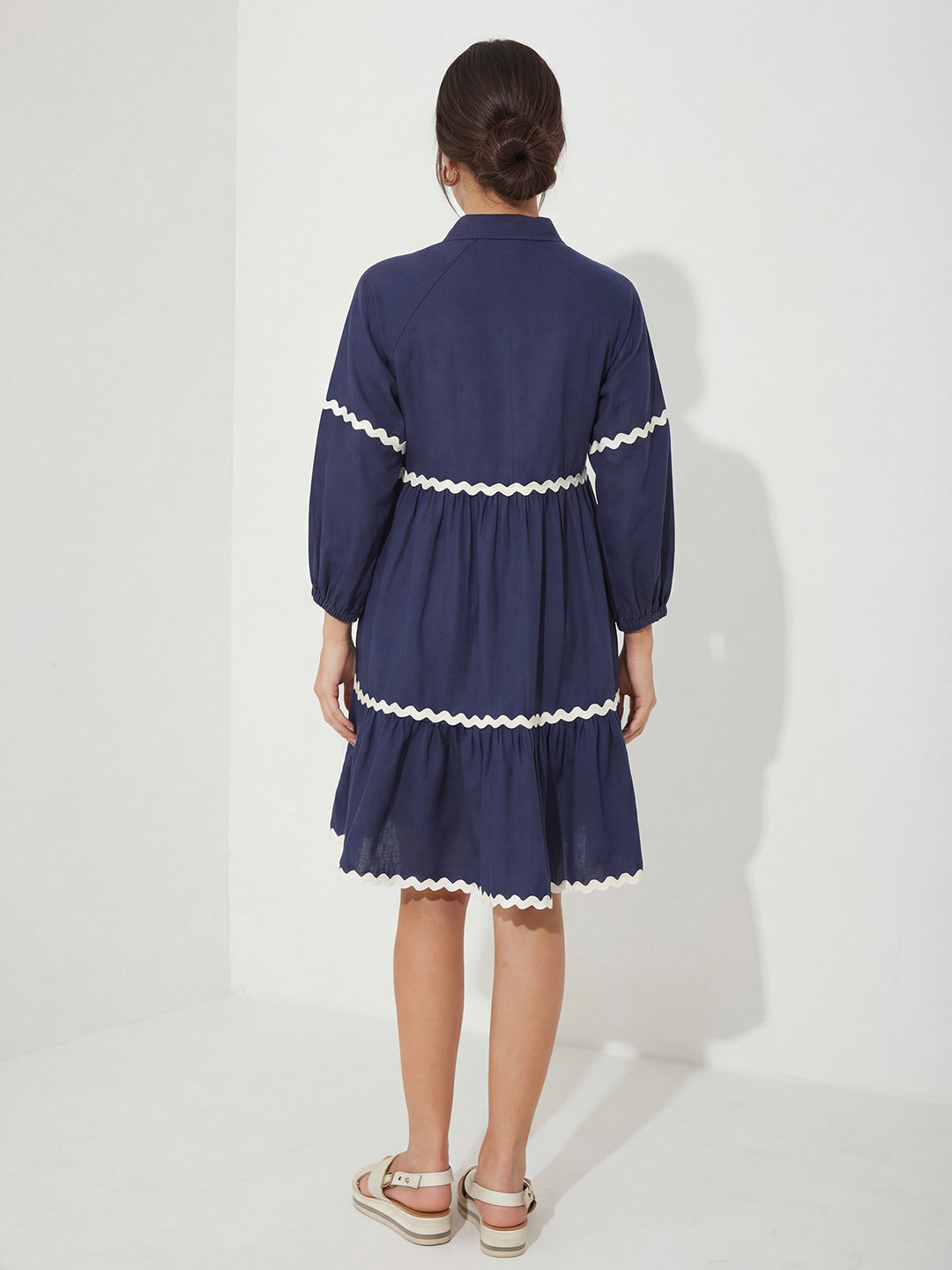 Navy Blue Cotton Shirt Dress with Balloon Sleeves and Classic Collar for Women