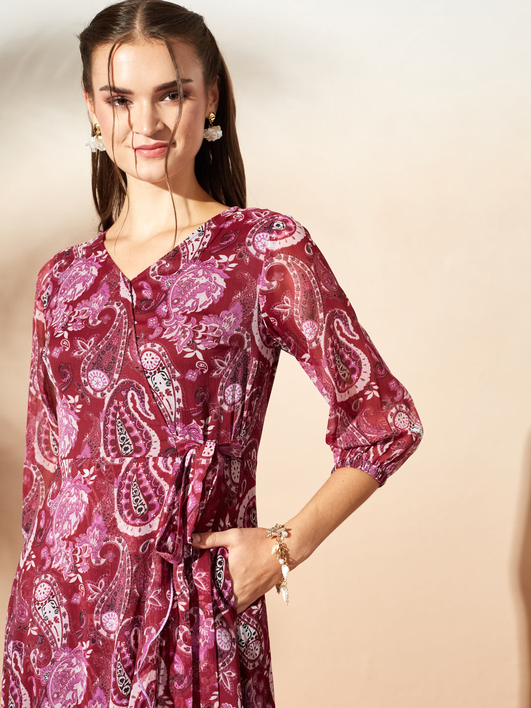 Women’s Multicolored Wine Floral V-Neck 3/4 Sleeve Wrap Midi Chiffon Dress for Women