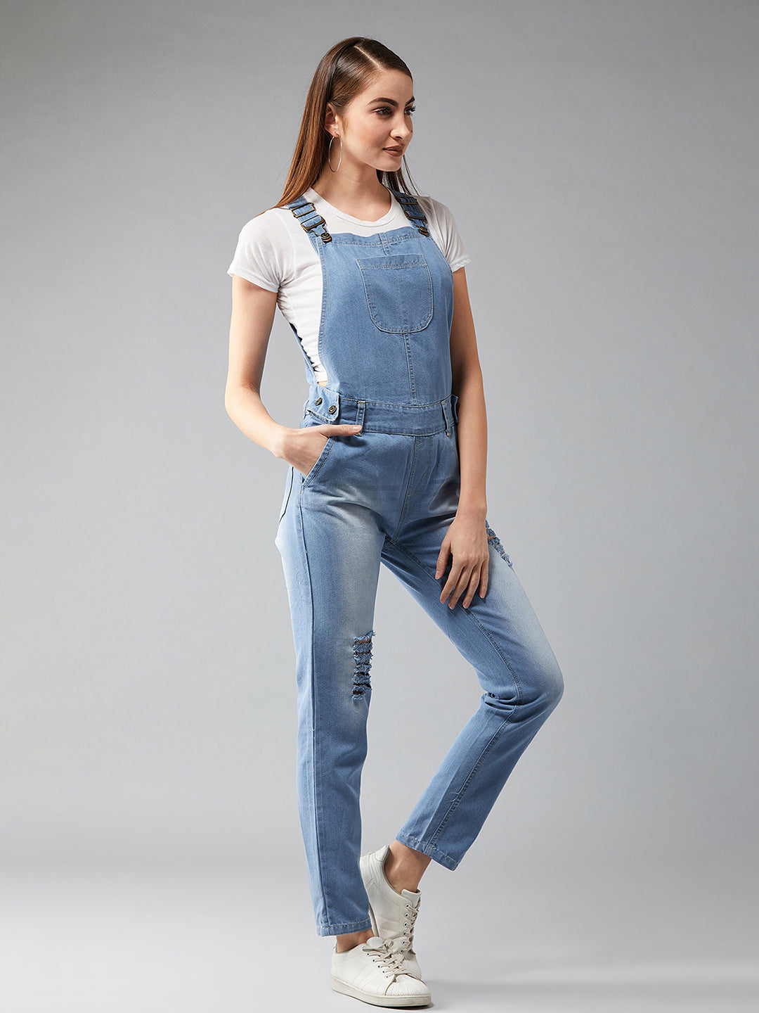 Women's Light Blue Regular Fit Mid Rise Regular Length Ripped Denim Dungaree