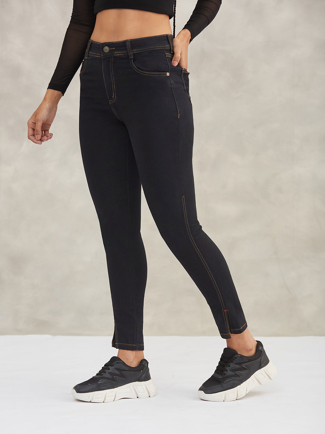 Women's Black Skinny High-Rise Side-Slit Solid Stretchable Denim Jeans