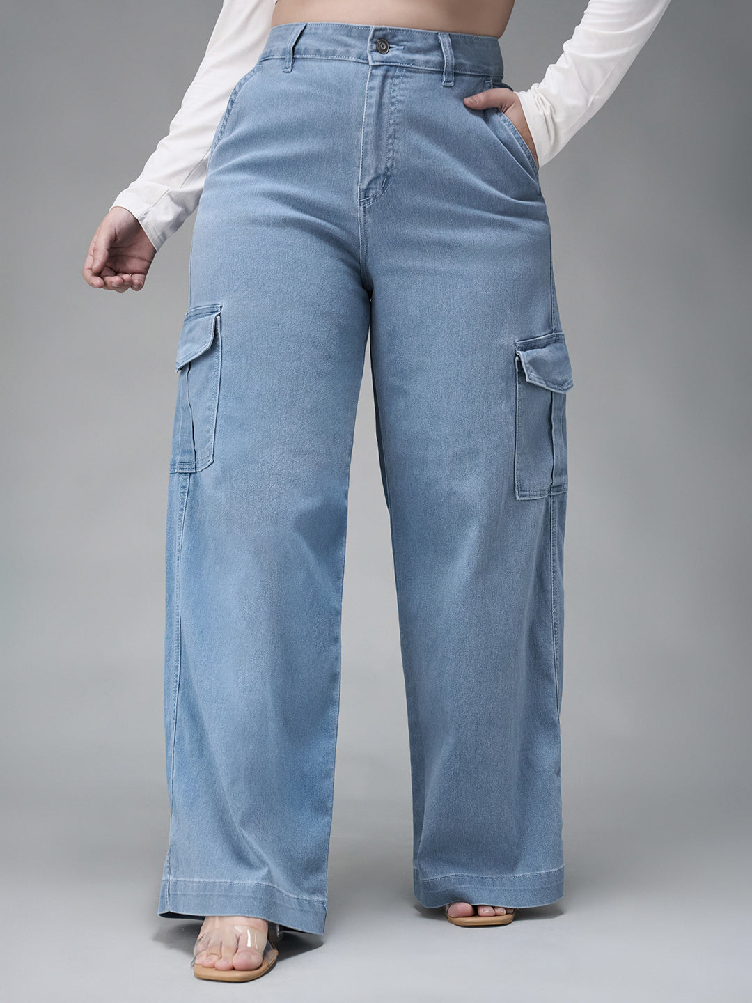 Women's Blue Wide leg High rise Stretchable Denim Jeans