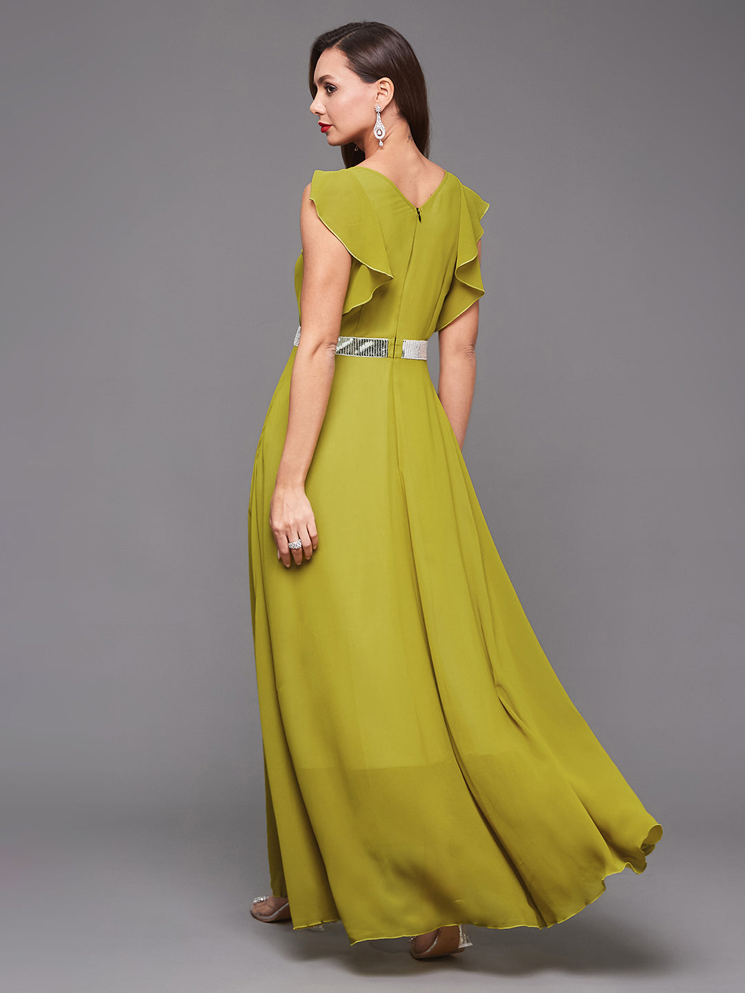 Women's Lemon Green V-Neck Ruffled Sleeve Silver Sequined Party Maxi Dress