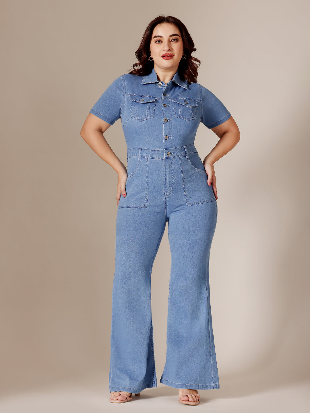 Light-Blue Flared High-Rise Stretchable Denim Jumpsuit for Women