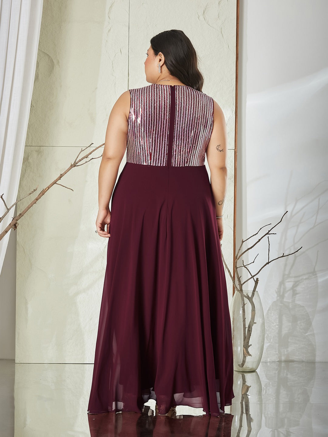 Wine V-Neck Sleeveless Embellished Wrap-Styled Maxi Georgette Dress for Women