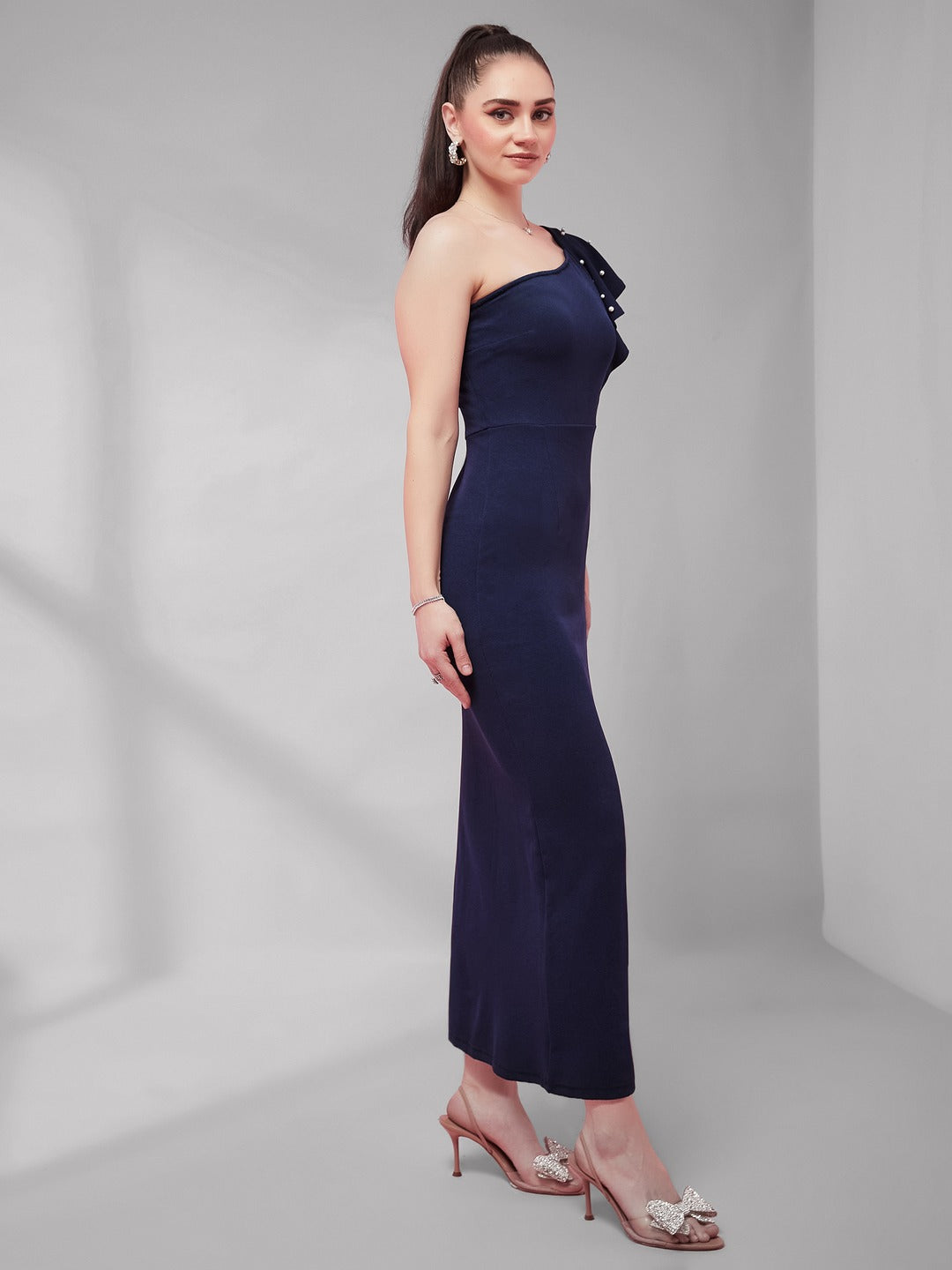 Navy Blue One-Shoulder Sleeveless Cotton Solid Ruffled Pearl And Slit Detailing Maxi Bodycon Dress for Women