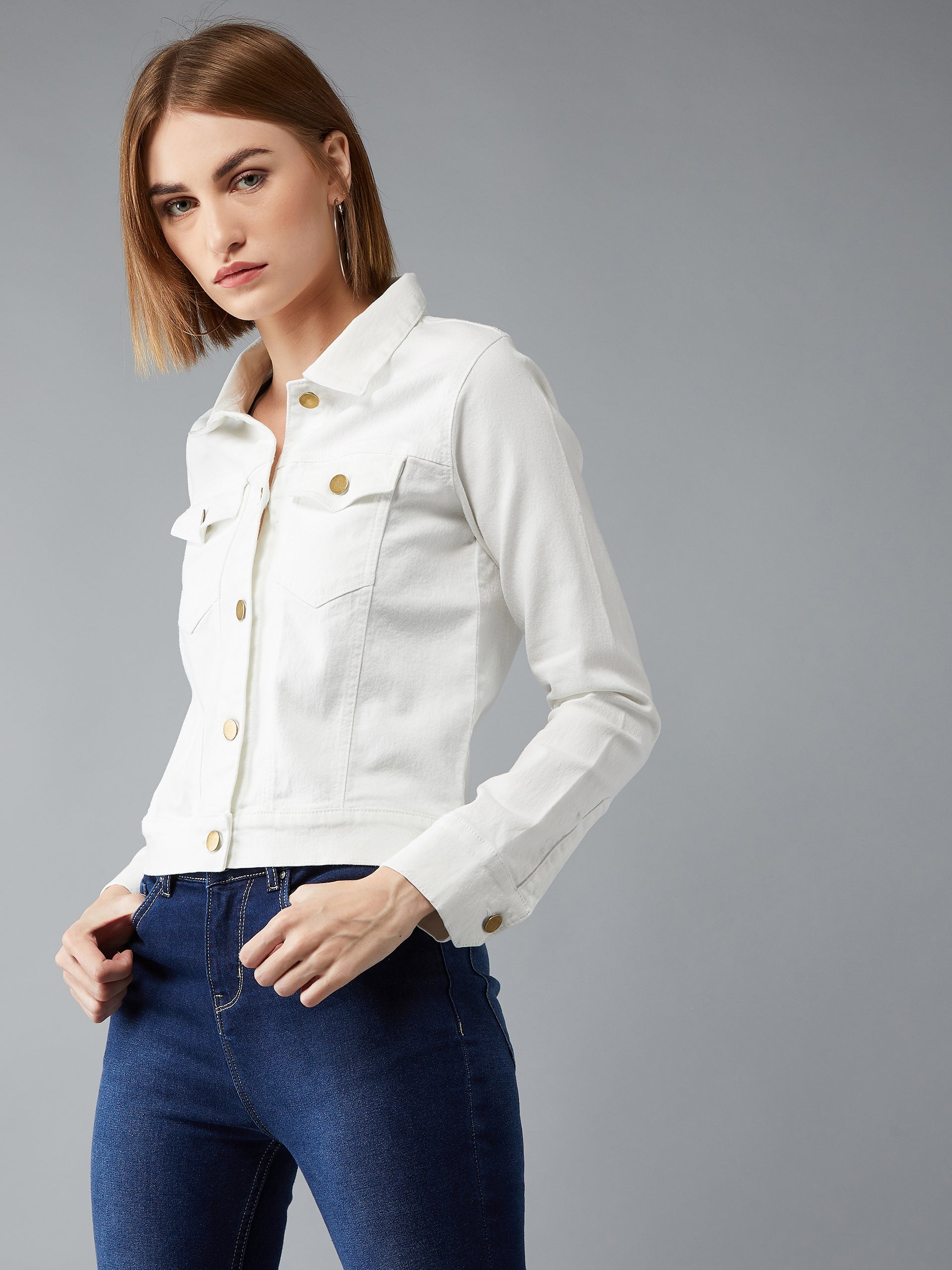 Women's White Polo Neck Full Sleeves Denim Solid Cropped Jacket