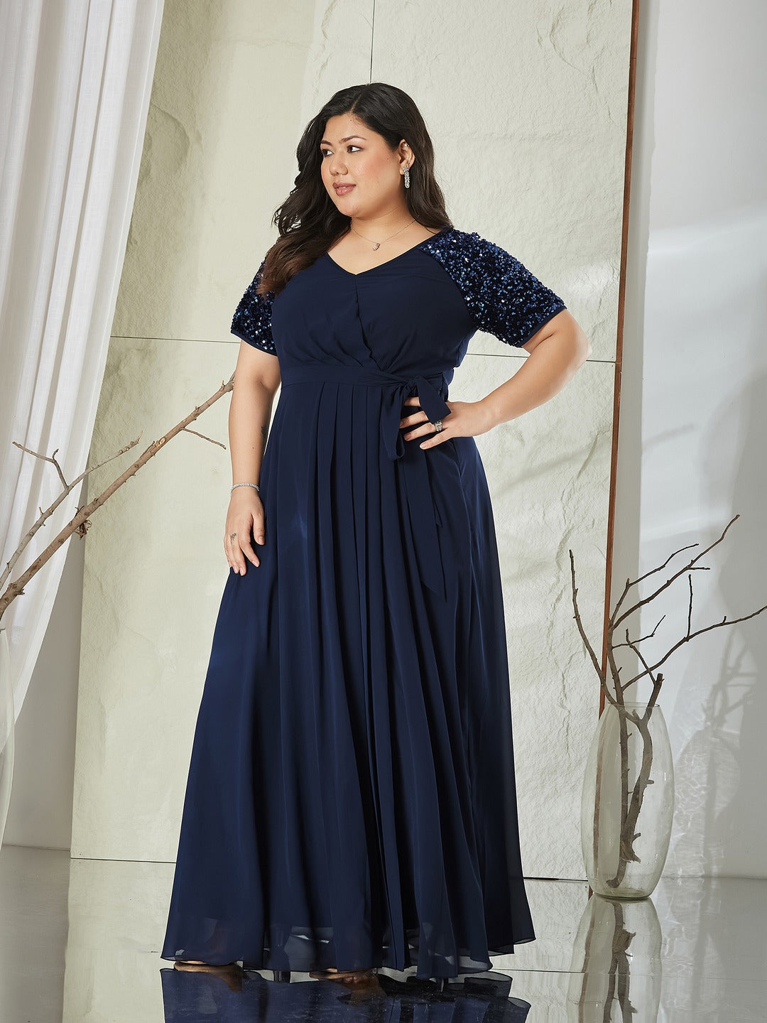 Navy Blue Relaxed Fit Maxi Georgette Dress for Women