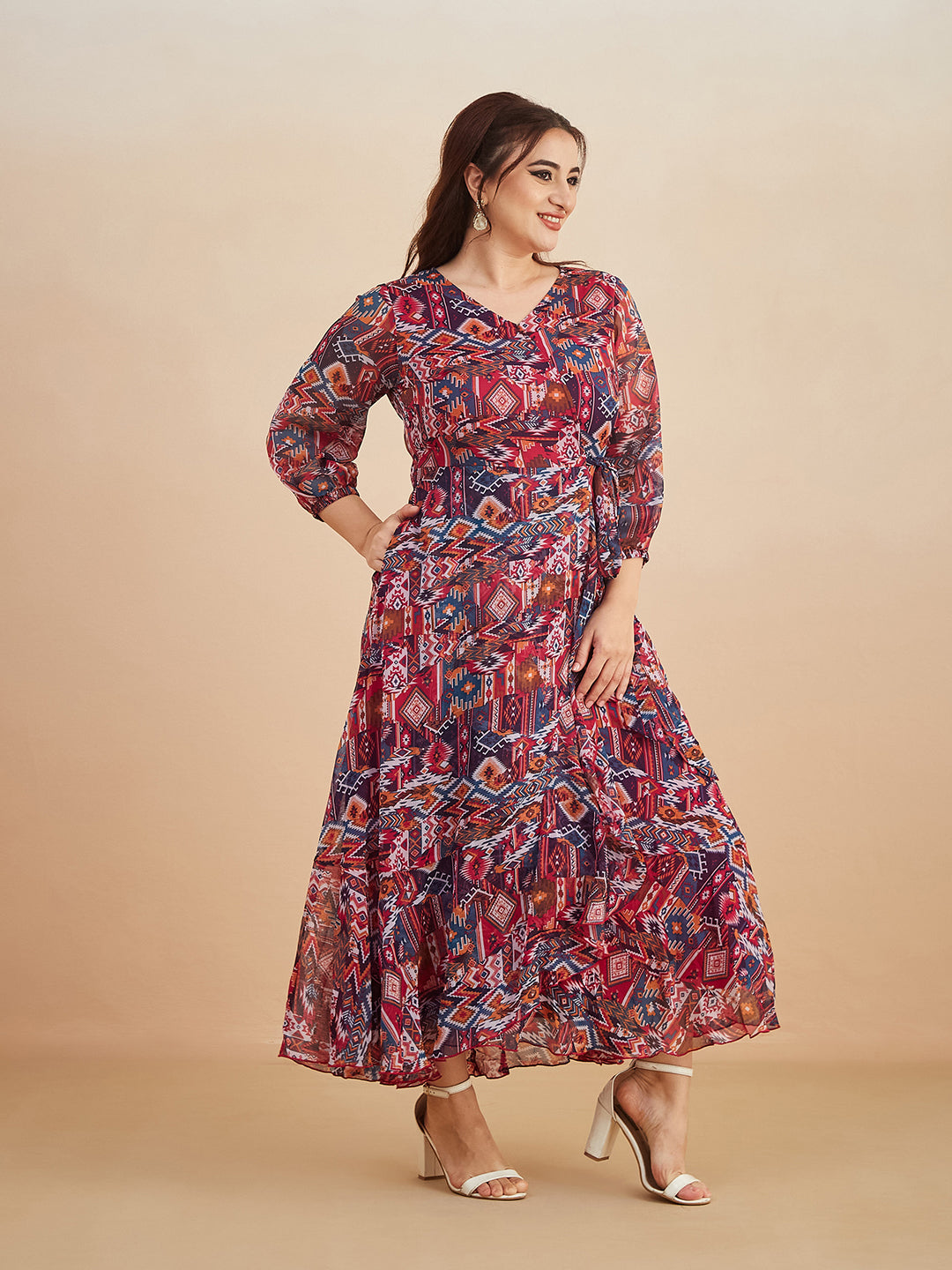 Multicolored V-Neck Three-Quarter Sleeve Geometric Patterned Wrap Midi Chiffon Dress for Women — Miss Chase A+