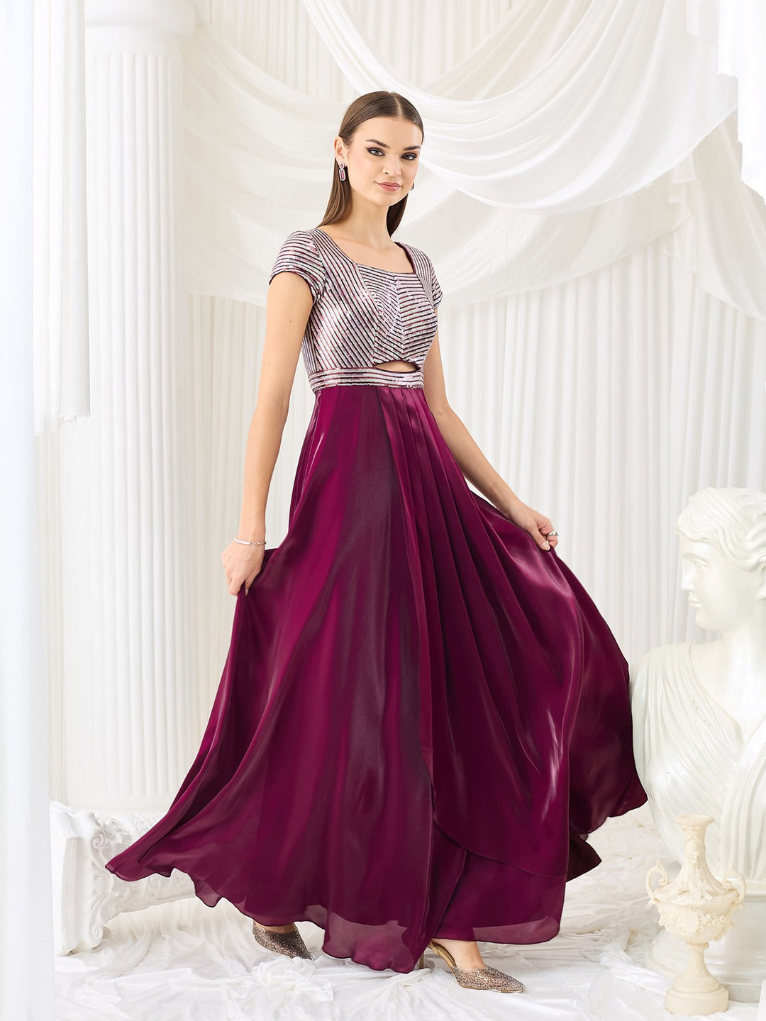 Embellished Dark Purple Gown in Luxe Pleated Satin with Sweetheart Neck for Women