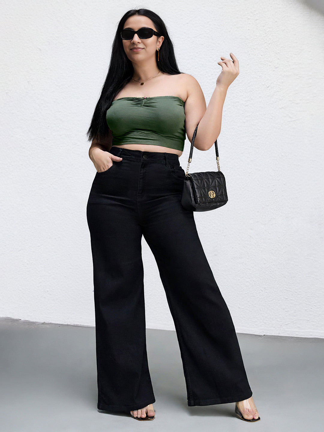Black Wide Leg High Rise Stretchable Denim Jeans for Women