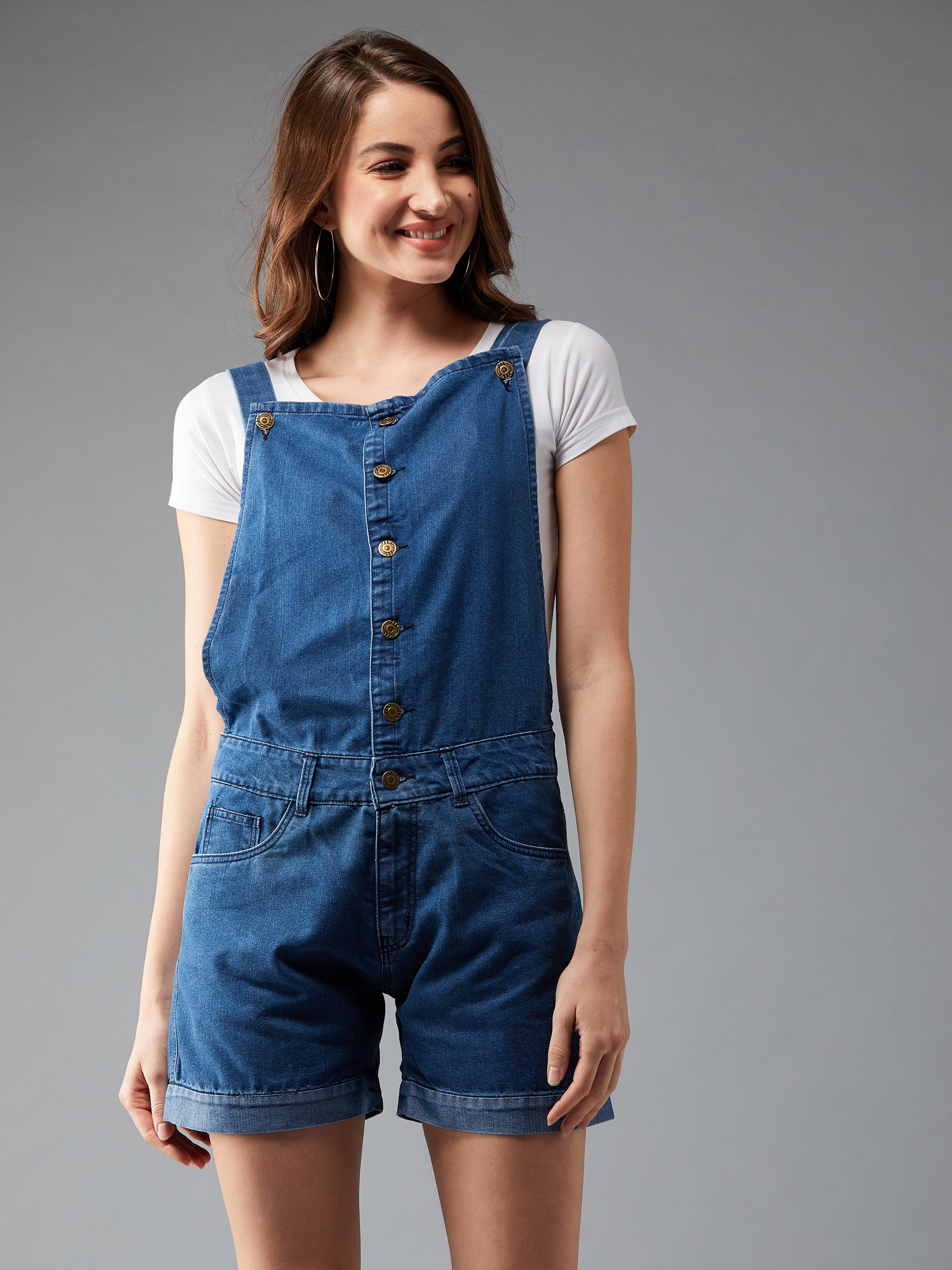 Women's Blue Regular Fit Mid Rise Mini Solid Denim Dungaree