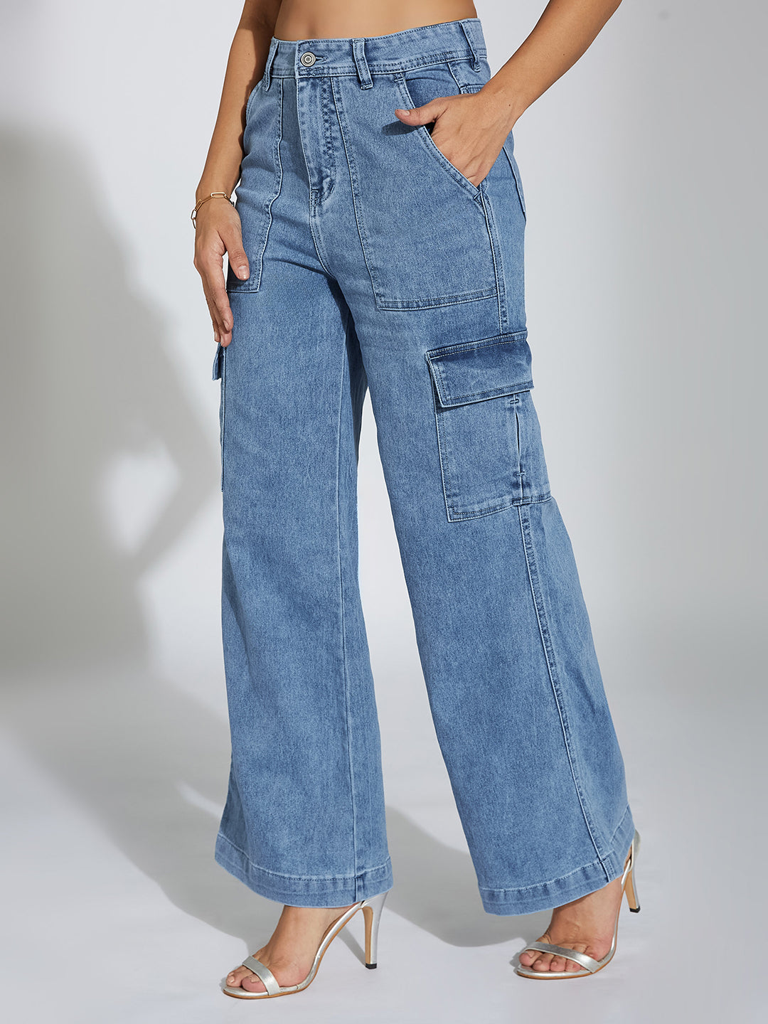 Women's Mid Blue Wide-Leg High-Rise Clean-Look Stretchable Denim Jeans