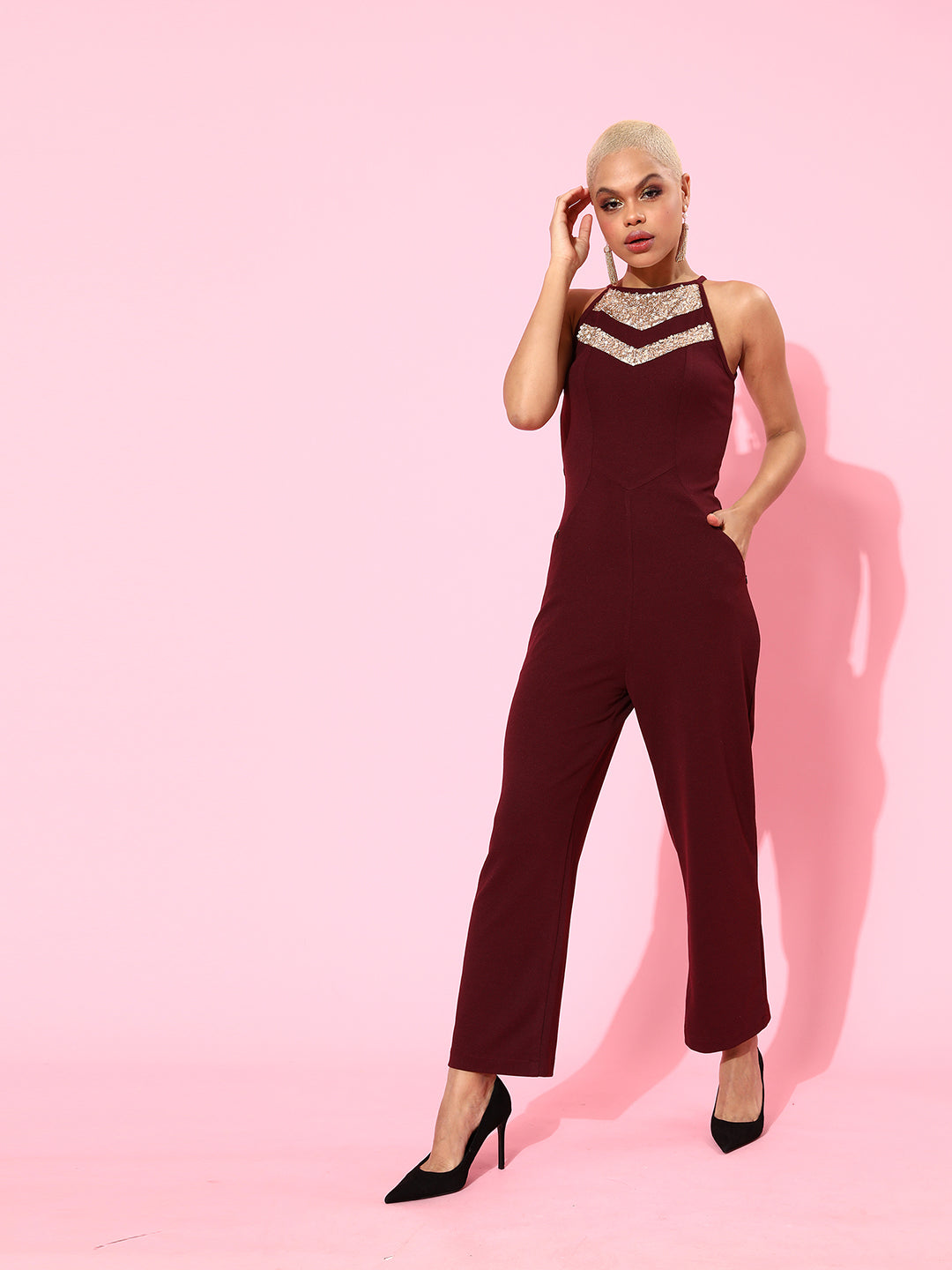 Crease Ease Women's Wine Solid Slim Fit Halter Neck Sleeveless Regular Length Jumpsuit