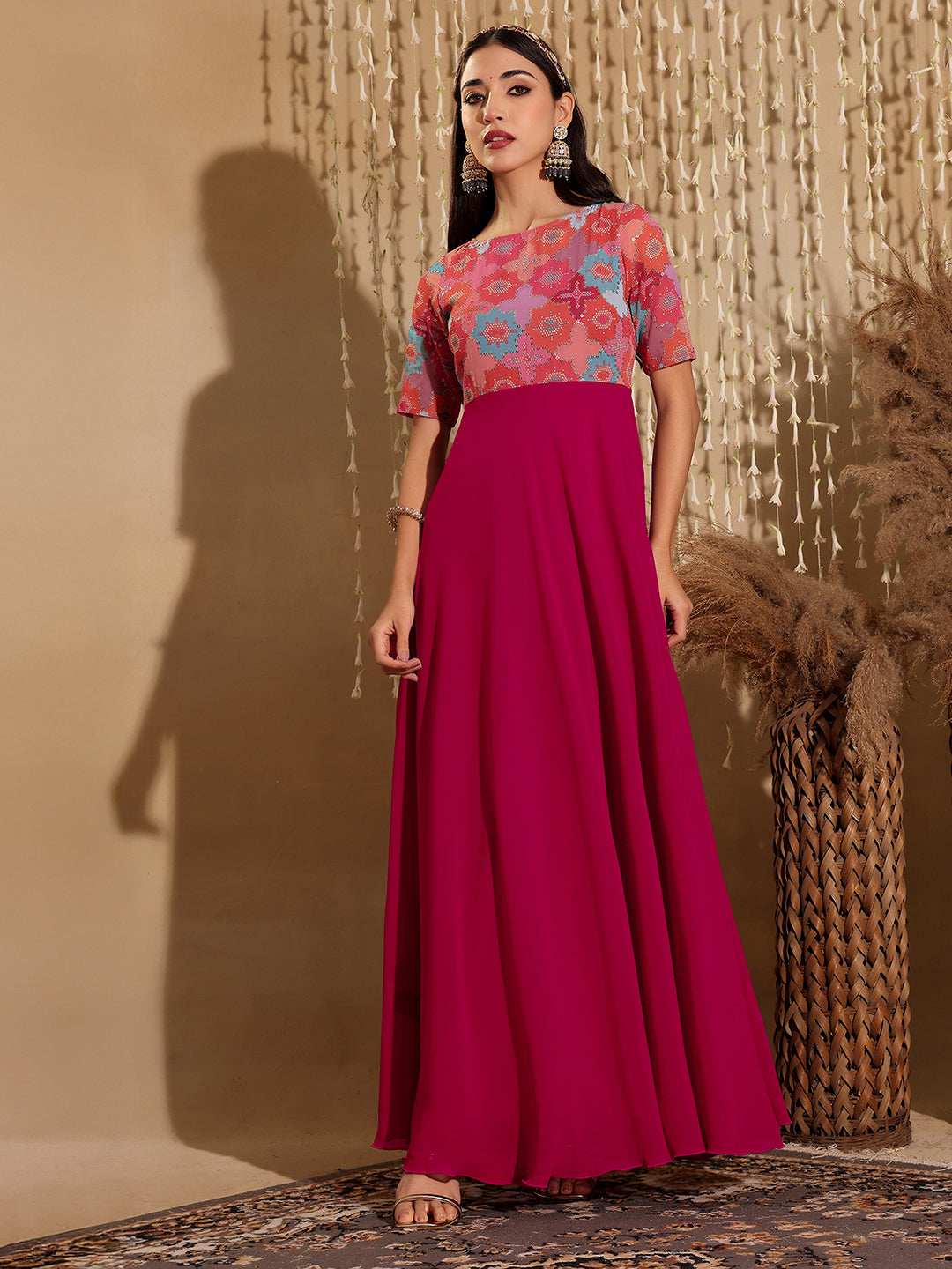 Women's Multicolored-Base-Dark Pink Boat Neck Half Sleeve Geometric Fit & Flare Georgette Maxi Dress