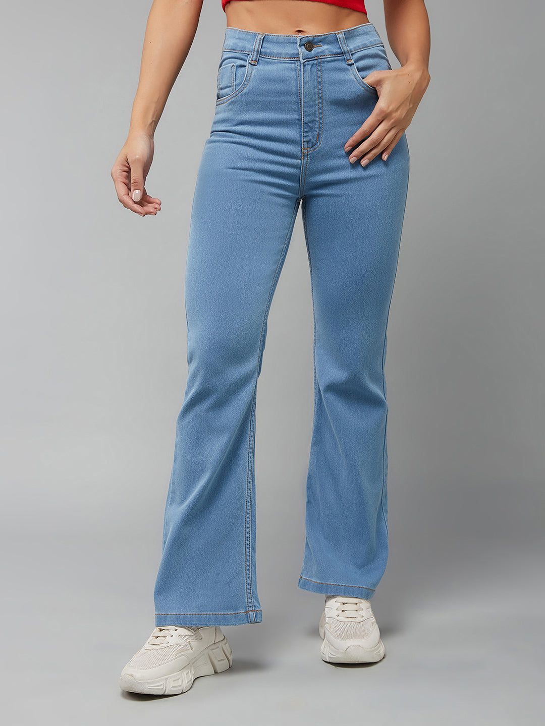 24/7 Comfort Women's Timeless Light Blue Bell Bottom Bootcut Hourglass High rise Regular Stretchable Denim Light Weight Jeans