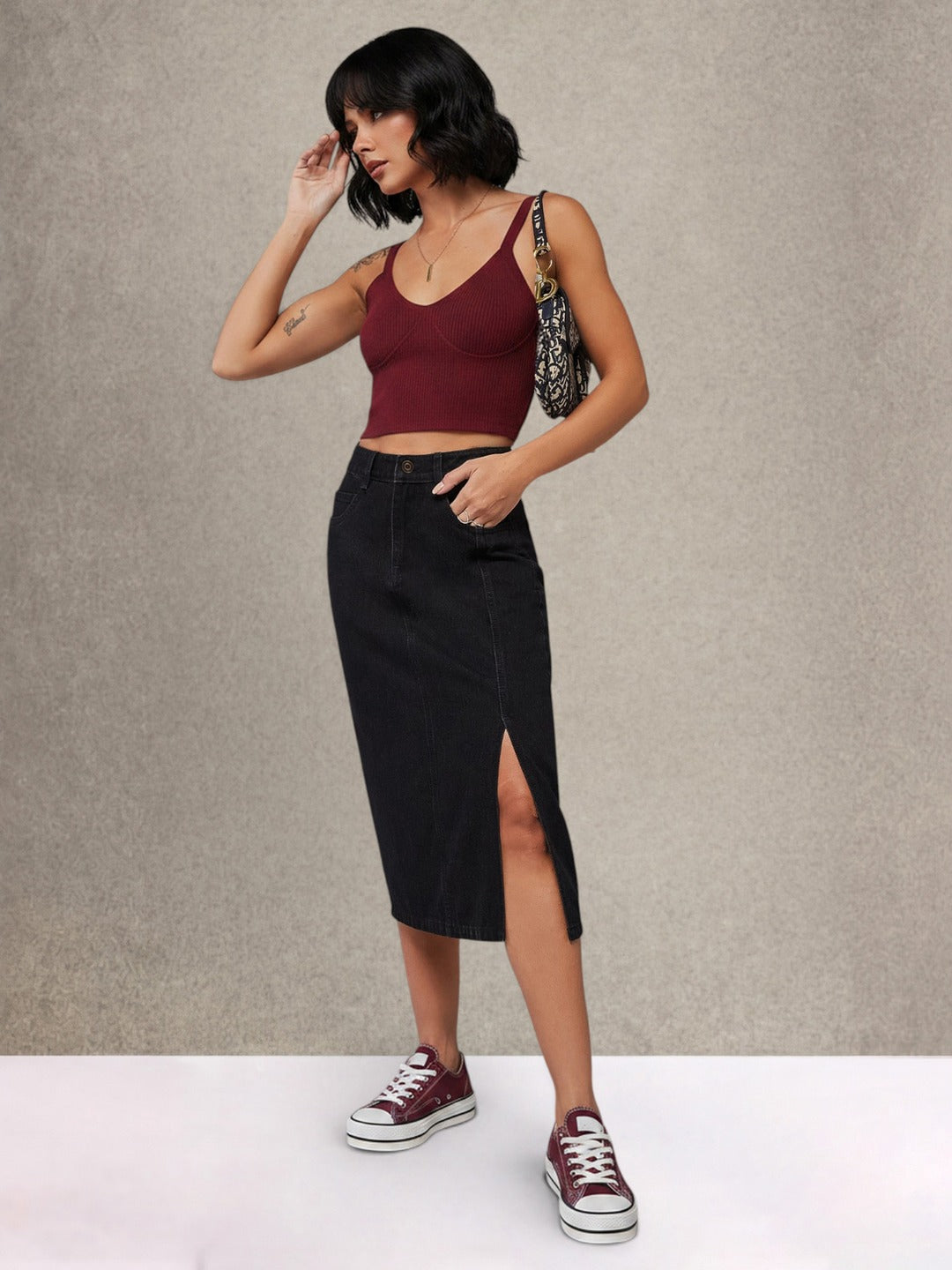 Black Straight-Fit High-Rise Stretchable Denim Midi Skirt for Women