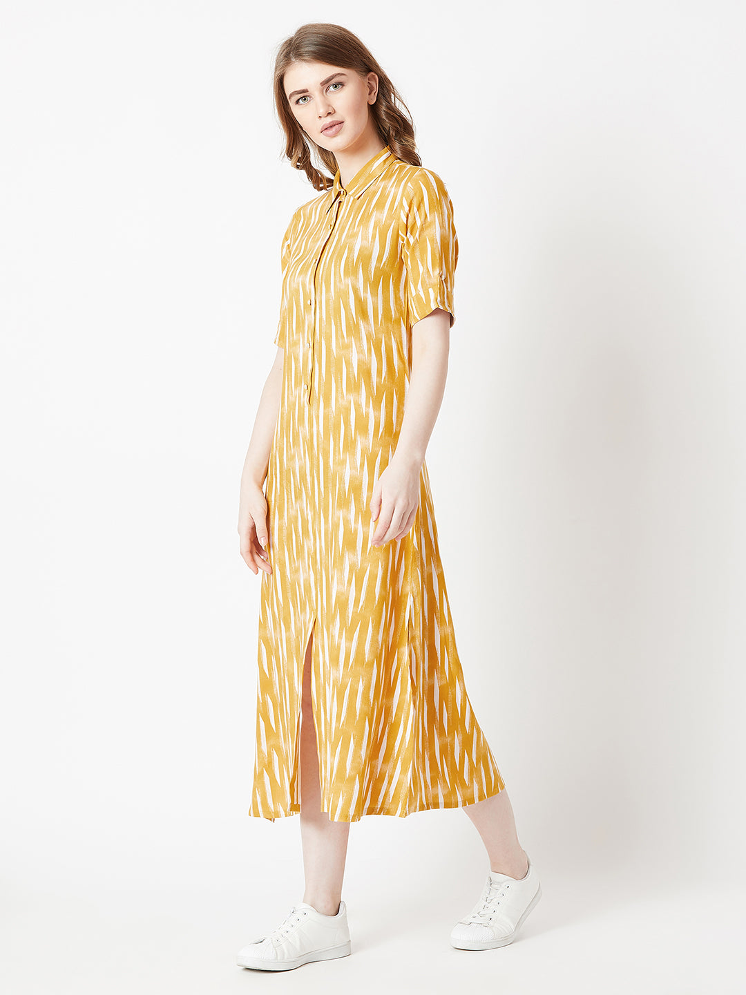 Women's Multicolored With A Yellow Base Collared Elbow Sleeve Geometric Print Side Slit Buttoned Midi Collared Shirt Dress