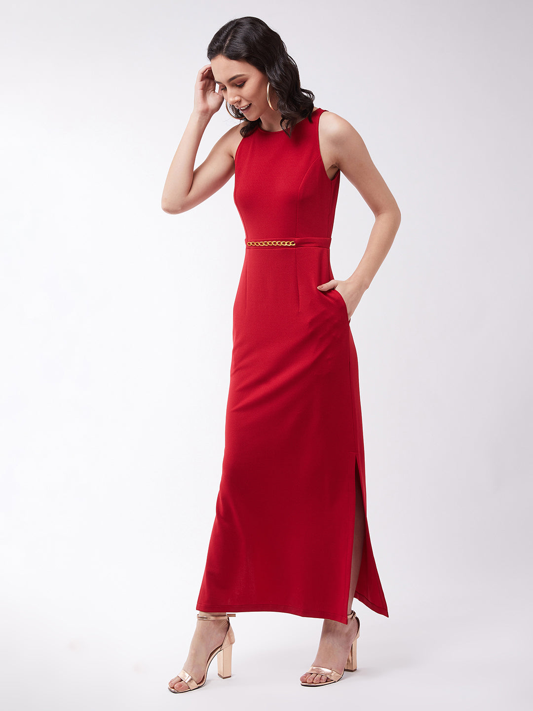 Crease Ease Cocktail Women's Cherry Red Solid Slim Fit Round Neck Sleeveless Maxi Dress