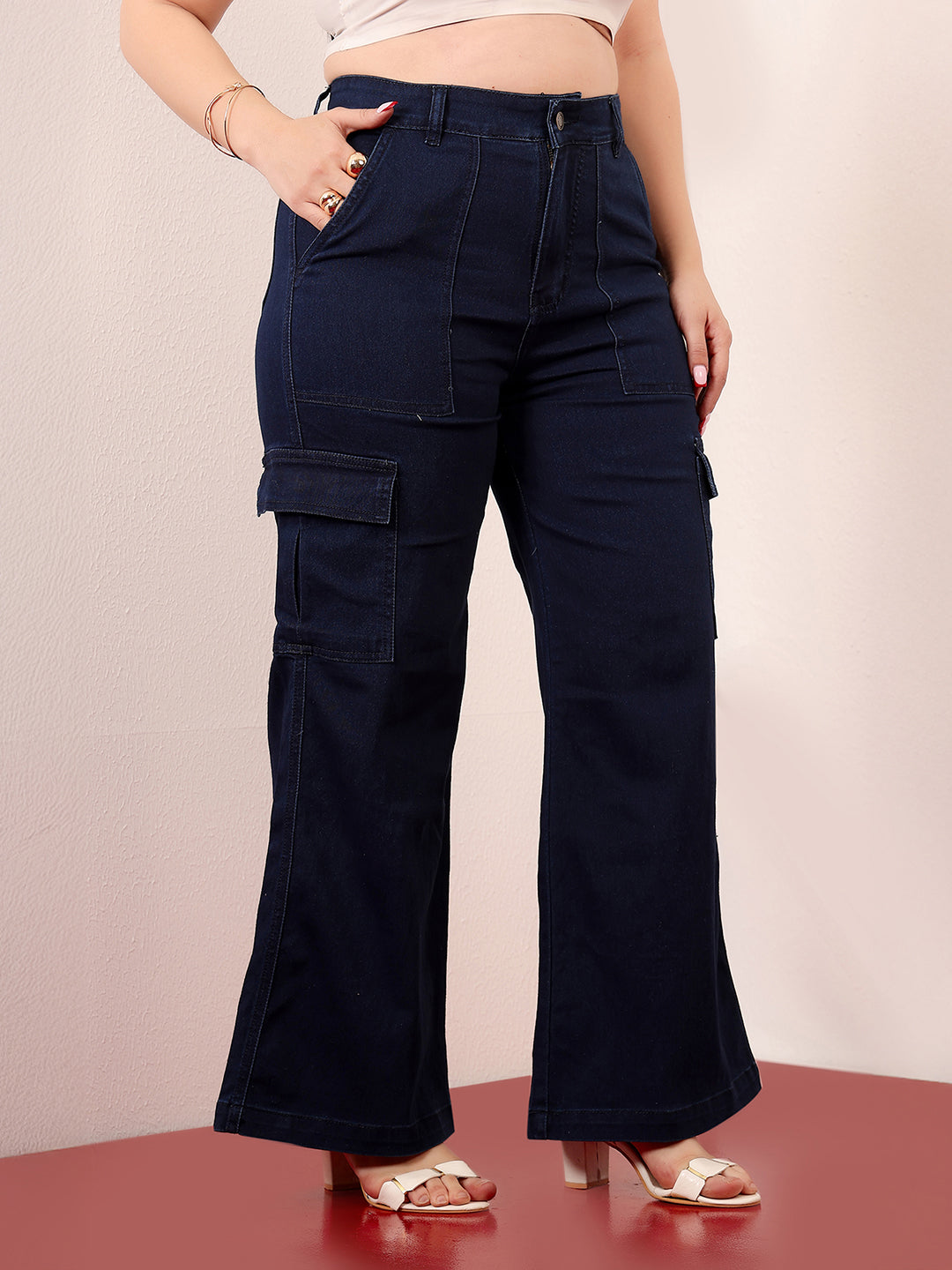 Women's Navy Blue Wide-Leg High-Rise Clean-Look Stretchable Denim Cargo Jeans
