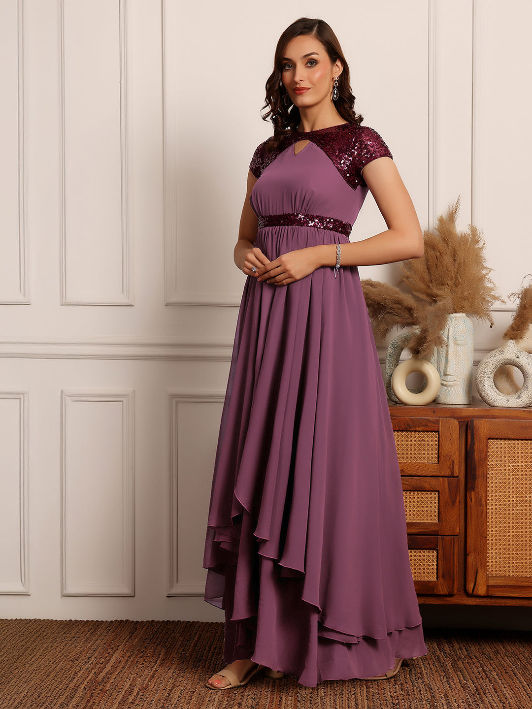 Women's Mauve Keyhole Short Sleeve Embellished Layered Georgette Maxi Dress