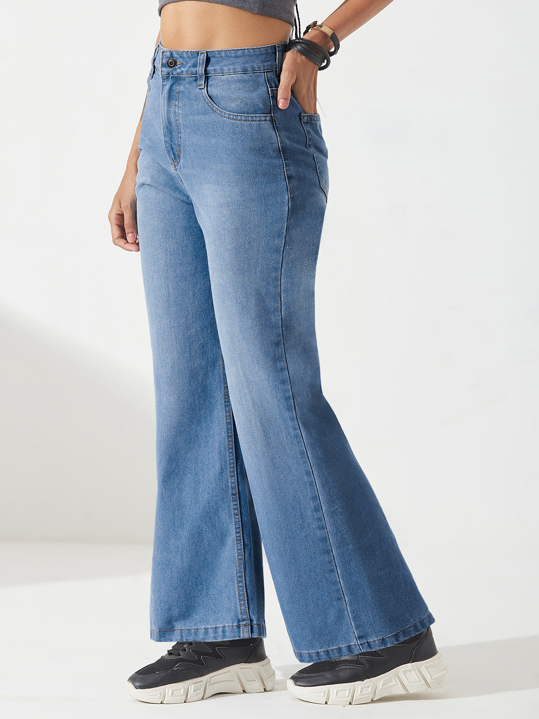 Light-Blue Wide-Leg High-Rise Clean-Look Non-stretchable Denim Jeans for Women