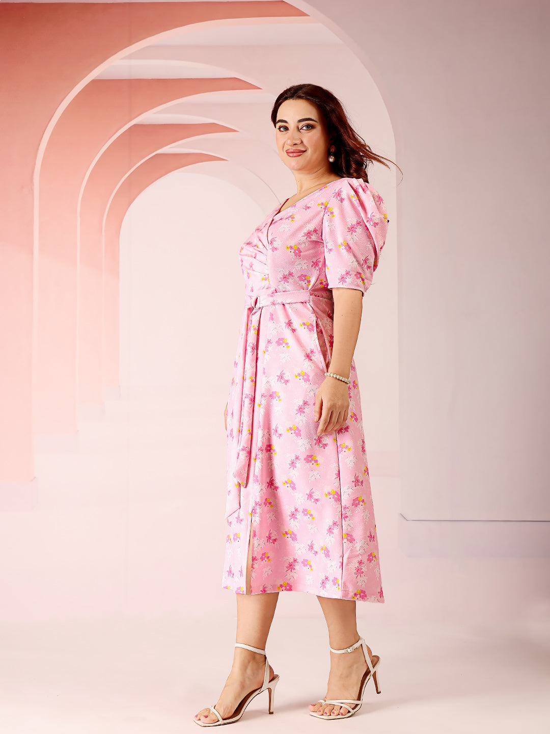 Multicolored-Base-Pink V-neck Puff Sleeve Floral Wrap Midi Dress for Women