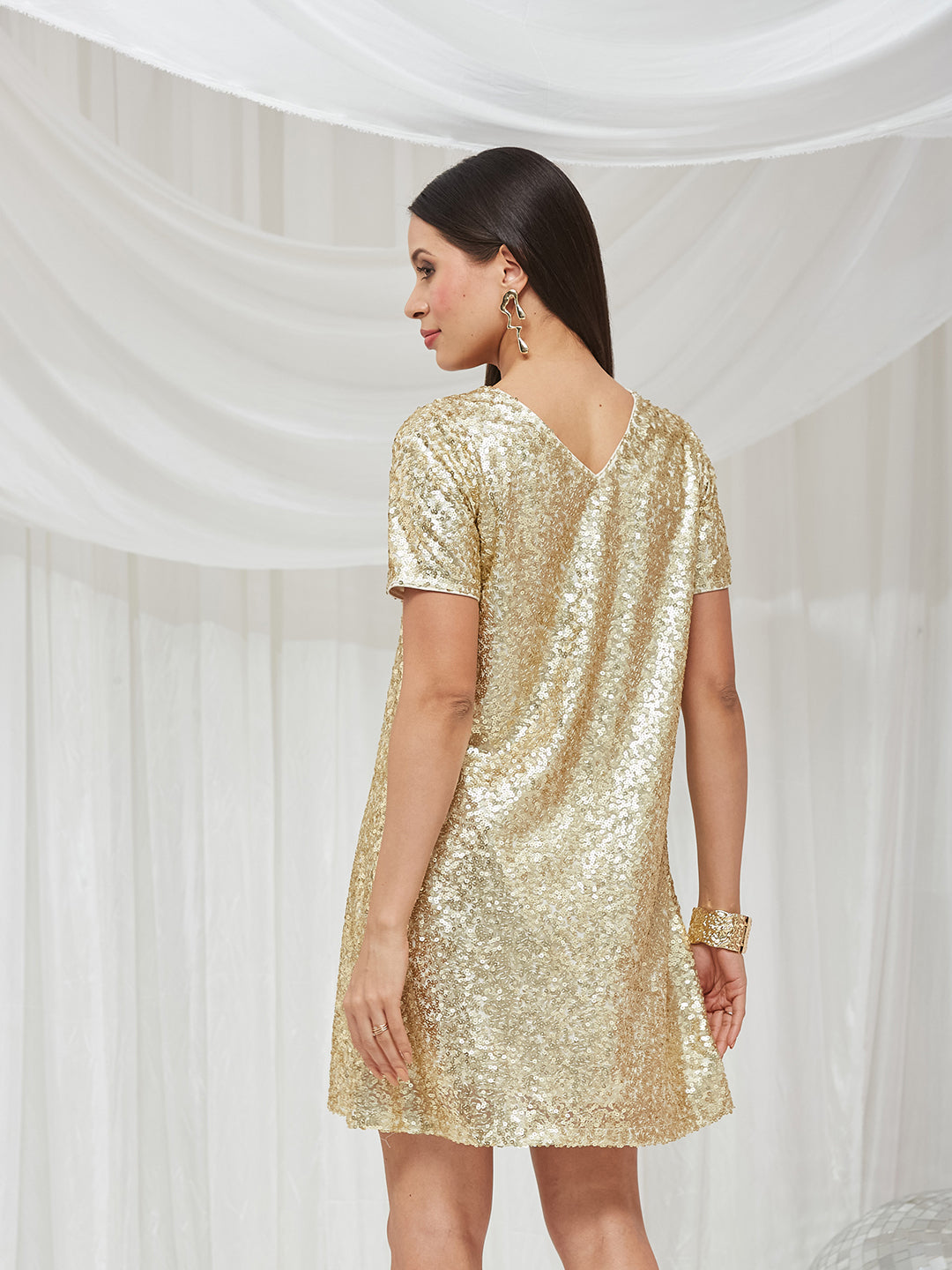 Off White Round Neck Half Sleeve Embellished A-Line Mini Sequined Dress for Women — Miss Chase