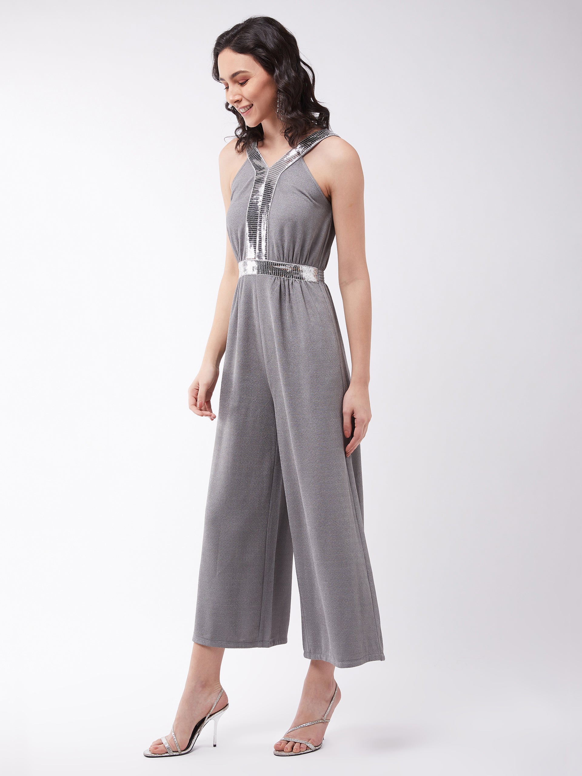 Crease Ease Women's Gray Solid Relaxed Fit V-Neck Sleeveless Elasticated Jumpsuit