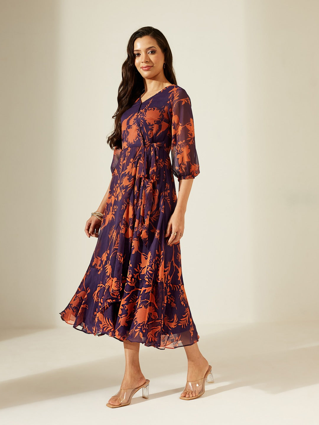 Purple V-Neck Three-Quarter Sleeve Floral Wrap Chiffon Midi Dress for Women