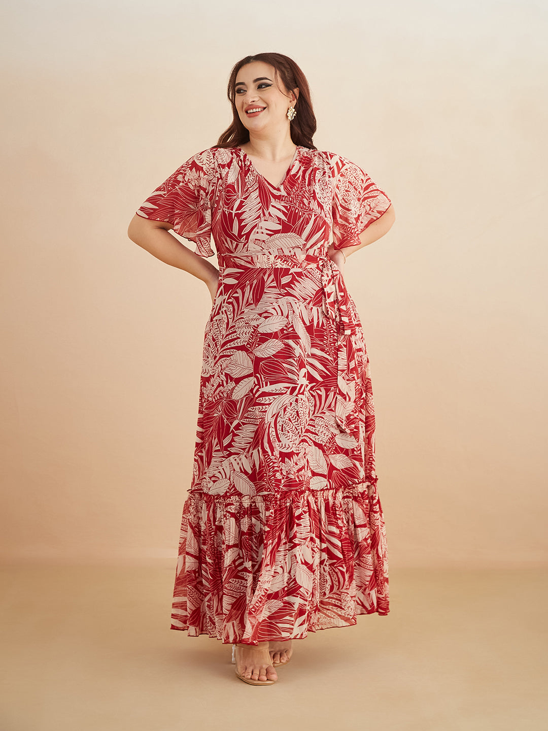 Multicolored-Base-Maroon V Neck Flared Sleeve Floral Wrap Maxi Dress for Women — Miss Chase A+