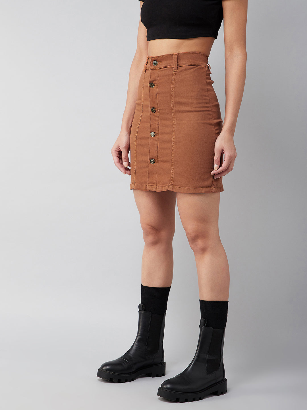 Women's Rust Cotton Slim Fit Relaxed High Rise Mini Denim Skirt