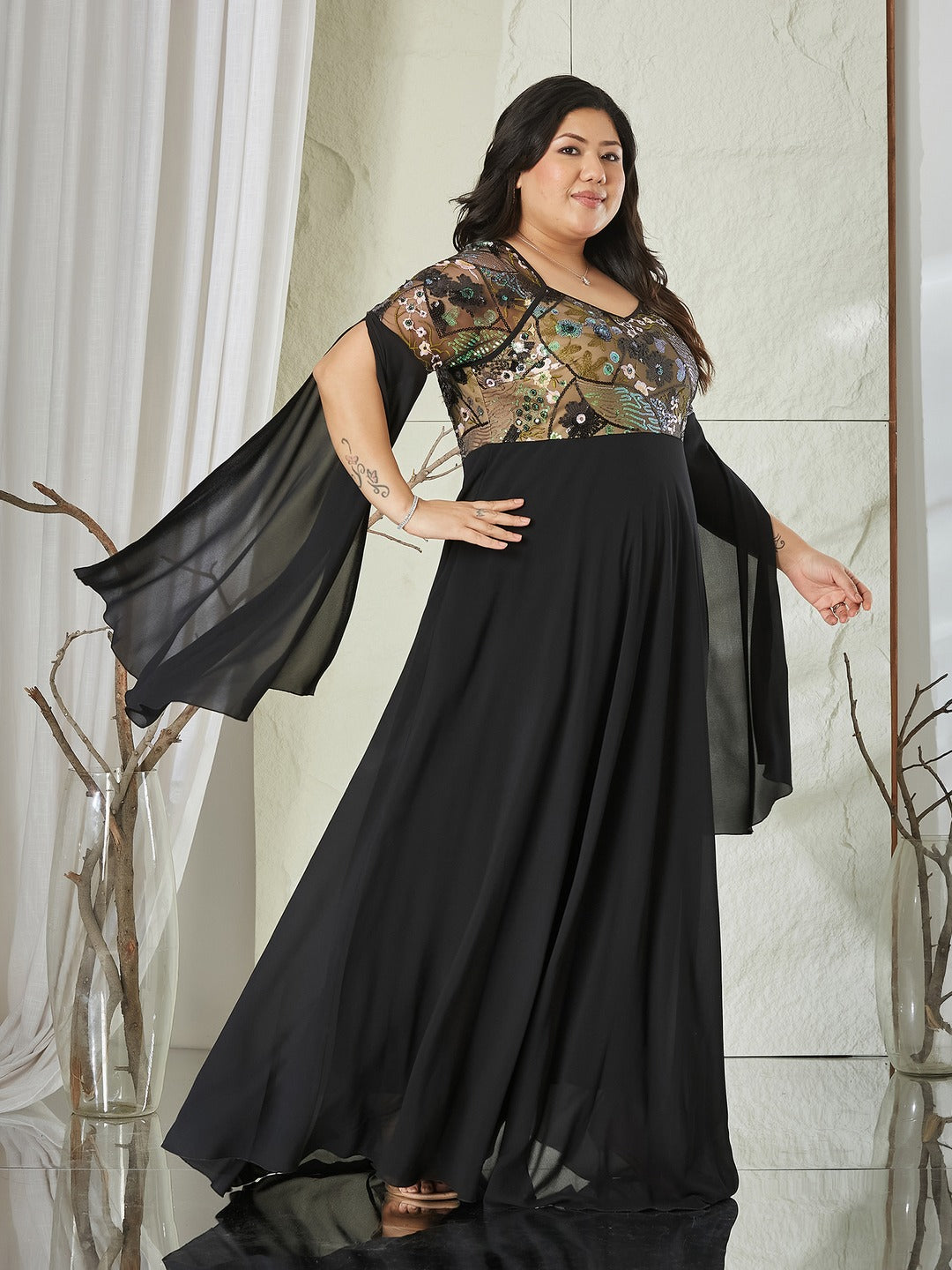Black Sweet-Heart Full Sleeve Embellished Slit Sleeve Maxi Georgette Dress for Women