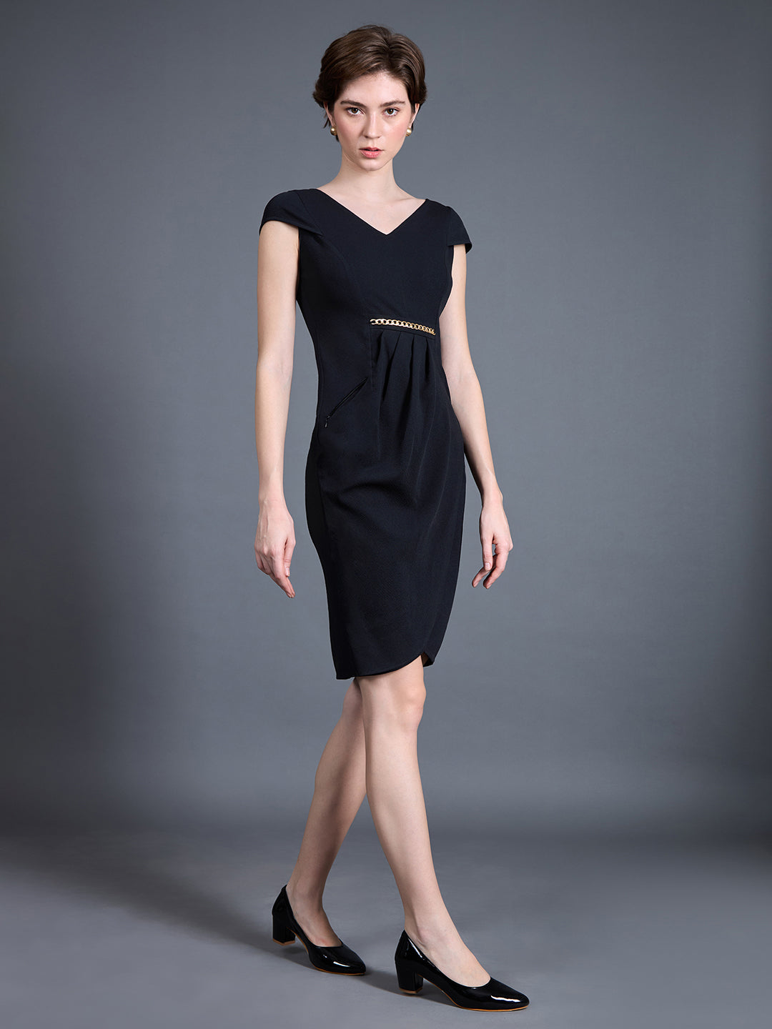 Women's Black Solid V Neck Cap Sleeves Polyester Side Pocketed Knee Long Dress