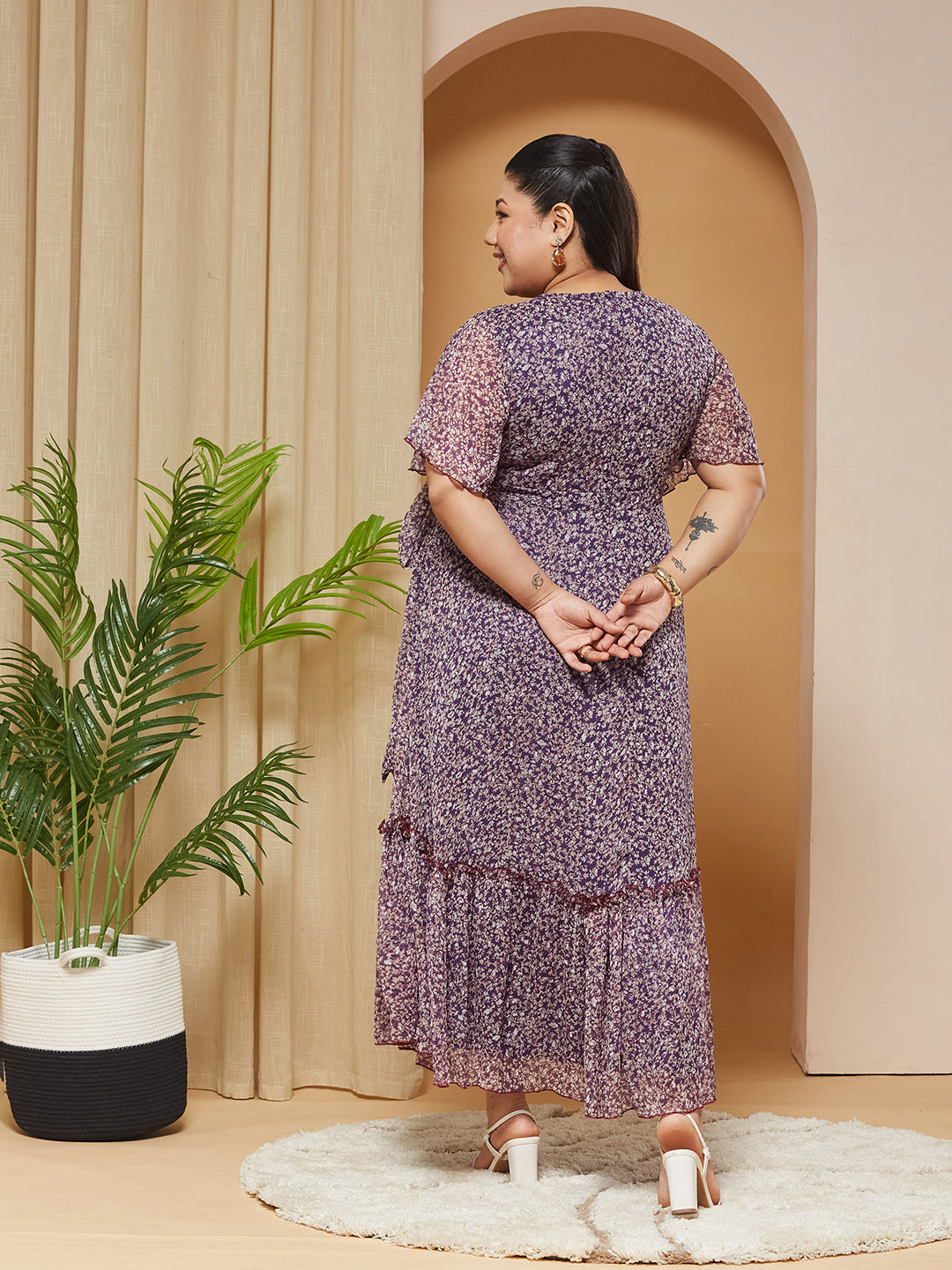 Multicolored-Base-Purple V-Neck Flared-Sleeves Floral Wrap Chiffon Maxi Dress for Women