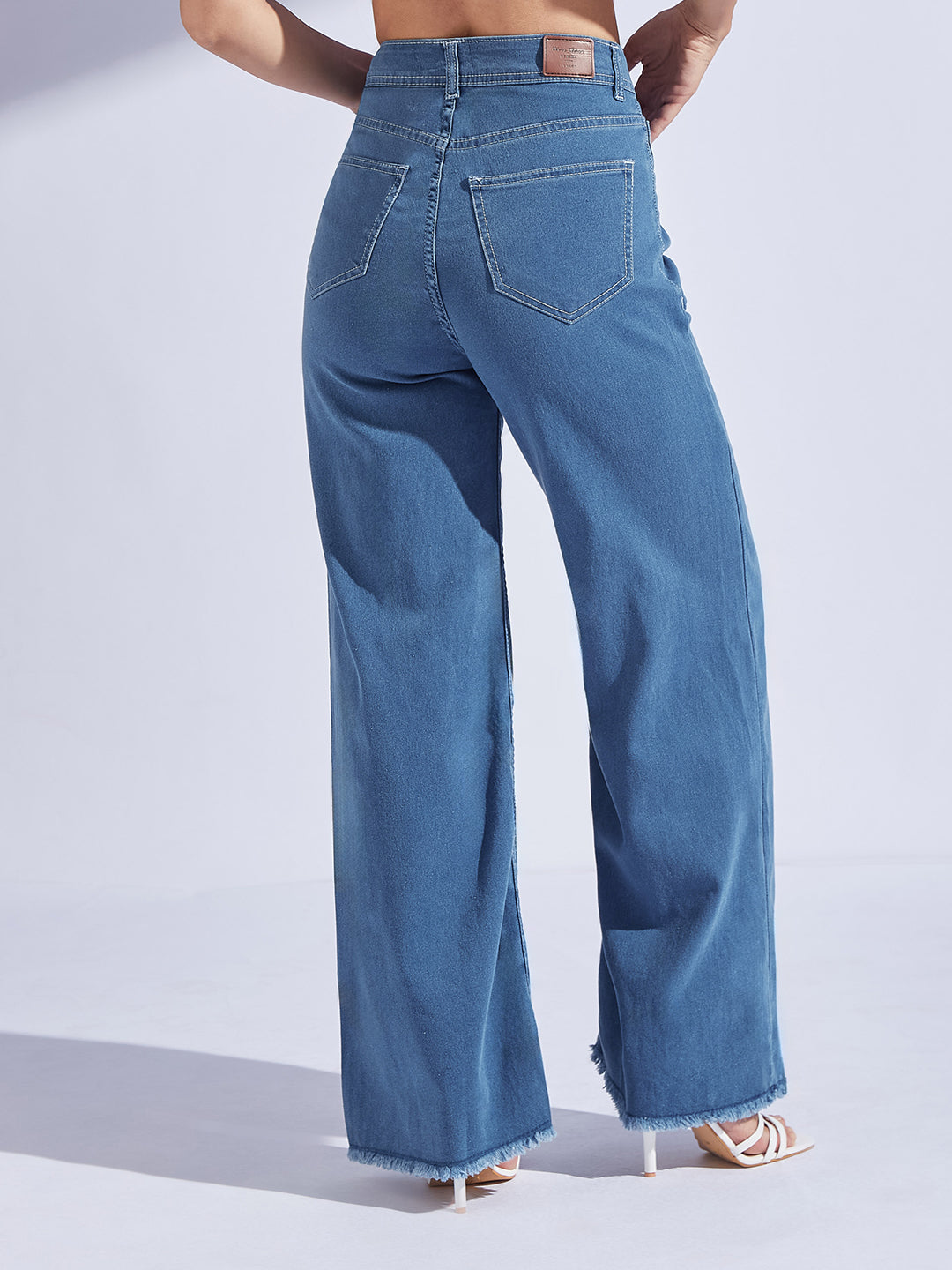 Women's Blue Wide-Leg High-Rise Clean-Look Regular-Length Stretchable Denim Jeans