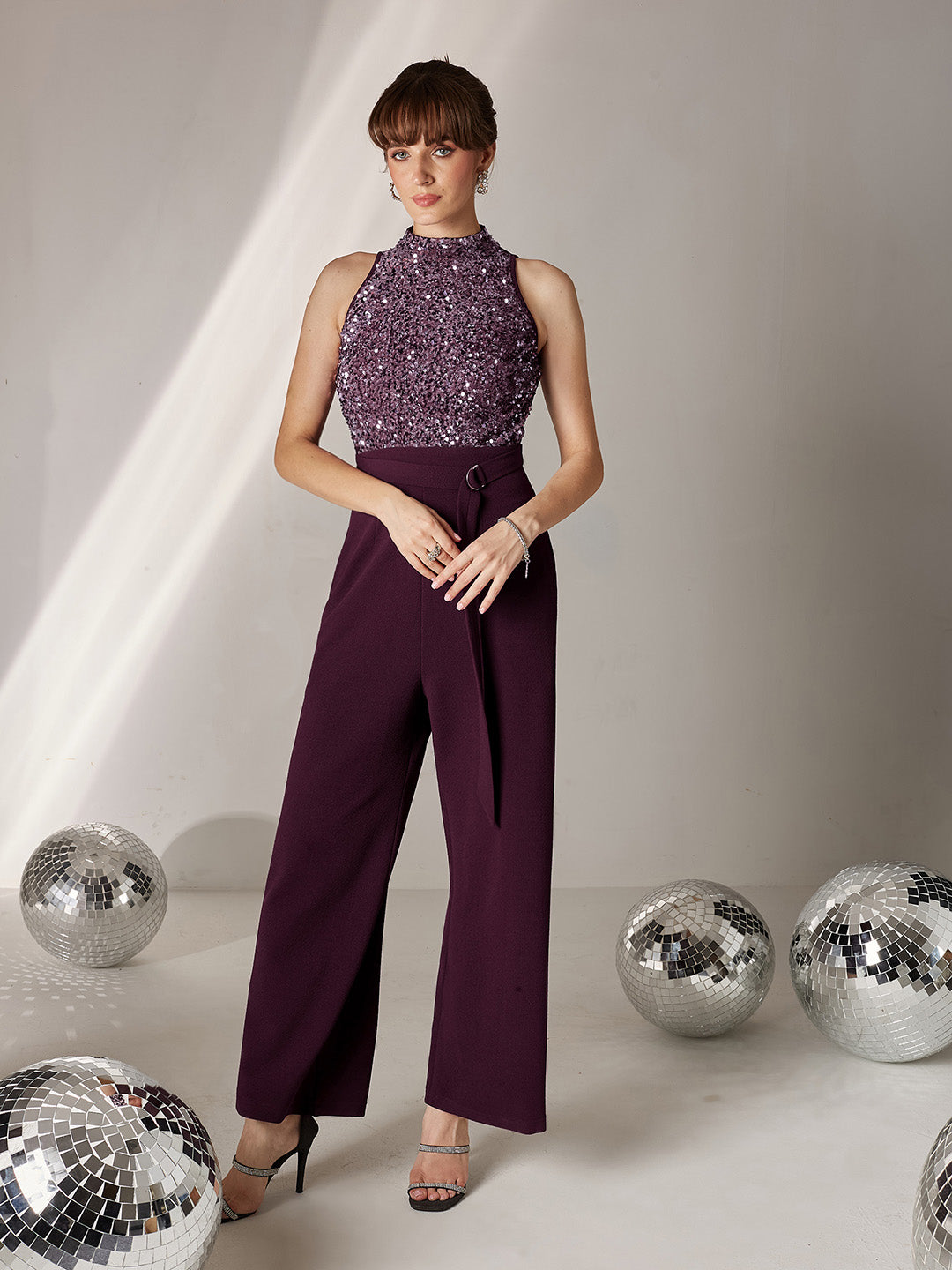 Women's Dark Purple Halter Neck Sleeveless Embellished Regular-Length Jumpsuit