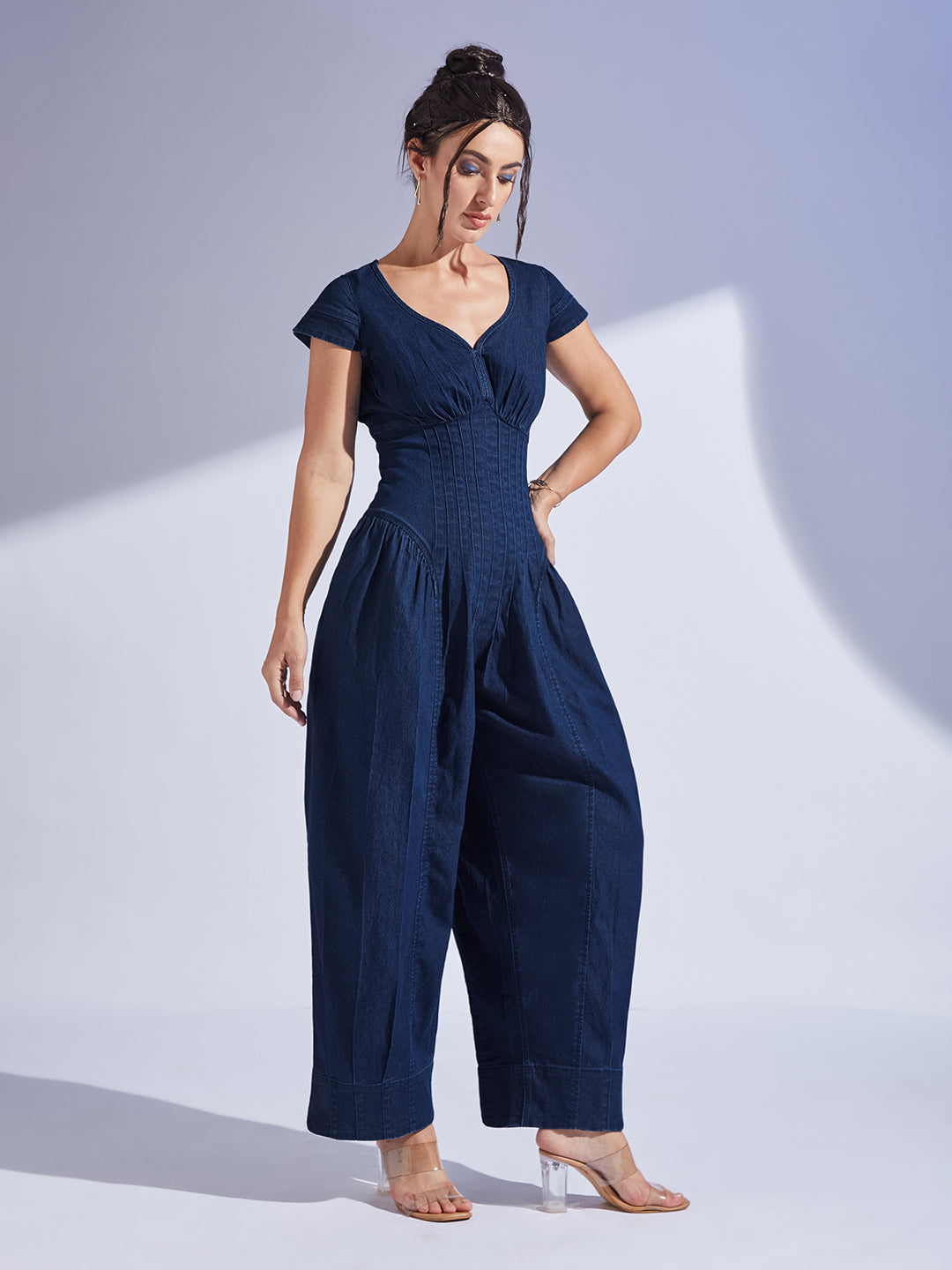 Women's Navy Blue Scoop Neck Cap Sleeve Pin Tucked Dhoti Style Denim Jumpsuit