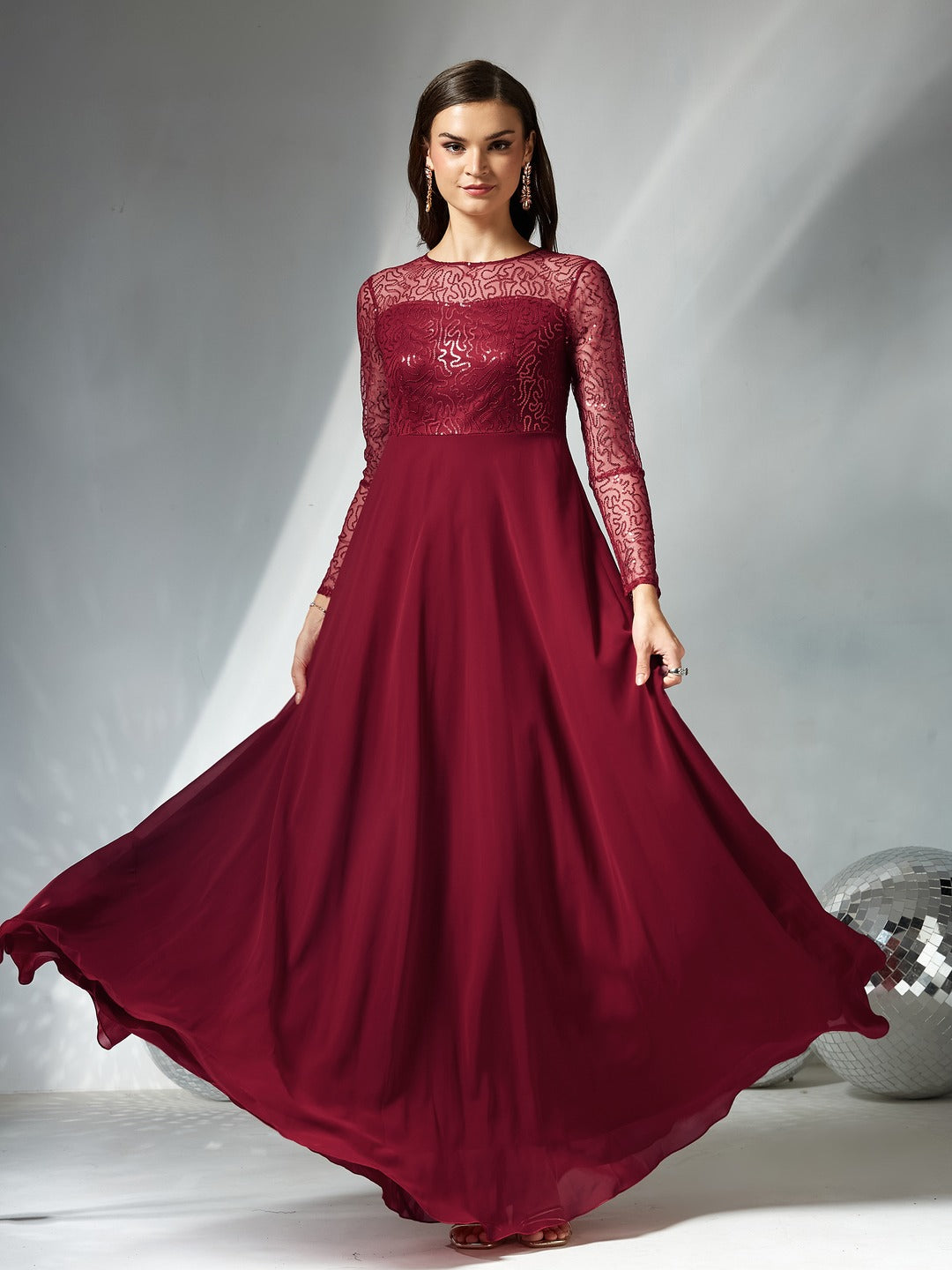 Maroon Solid Embellished Maxi Dress for Women