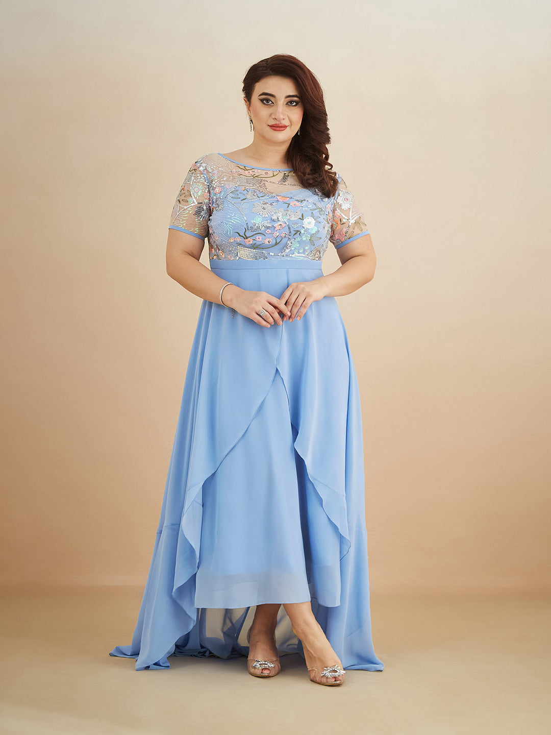 Multicolored-Base-Sky Blue Round Neck Short Sleeve Floral Layered Georgette Midi Dress for Women