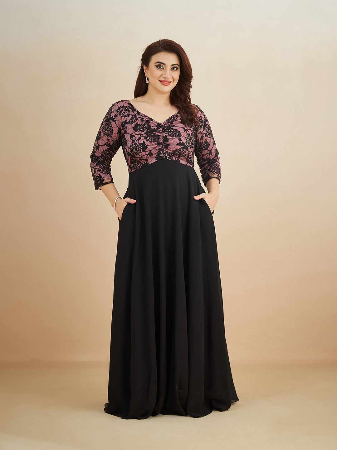 Black And Lavender Sweet heart neck 3/4 Sleeve Self Design Fit & Flare Maxi Dress for Women