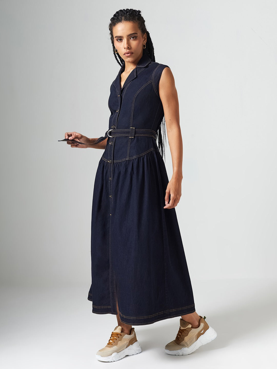 Dark Blue Notched-Collar Sleeveless Solid Drop Waist Maxi-Length Light Weight Denim Shirt Dress for Women