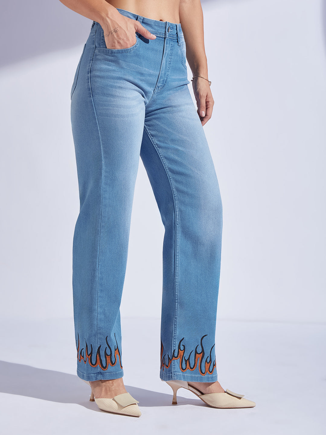 Women's Light Blue Straight Fit Mid-Rise Hand Painted Stretchable Denim Jeans