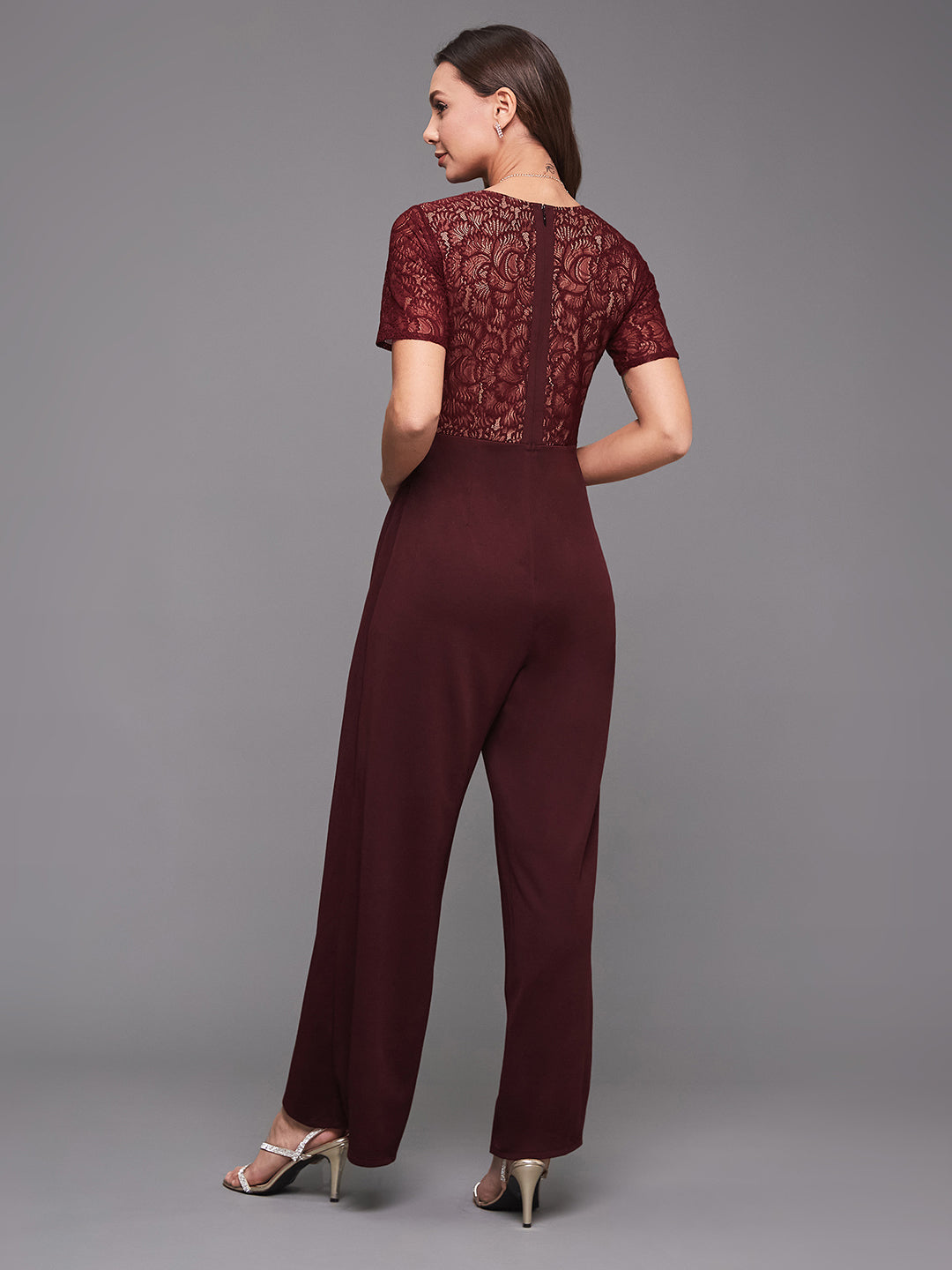 Women's Wine Square Neck Half Sleeve Self-Designed Panelled Regular-Length Polyester Jumpsuit