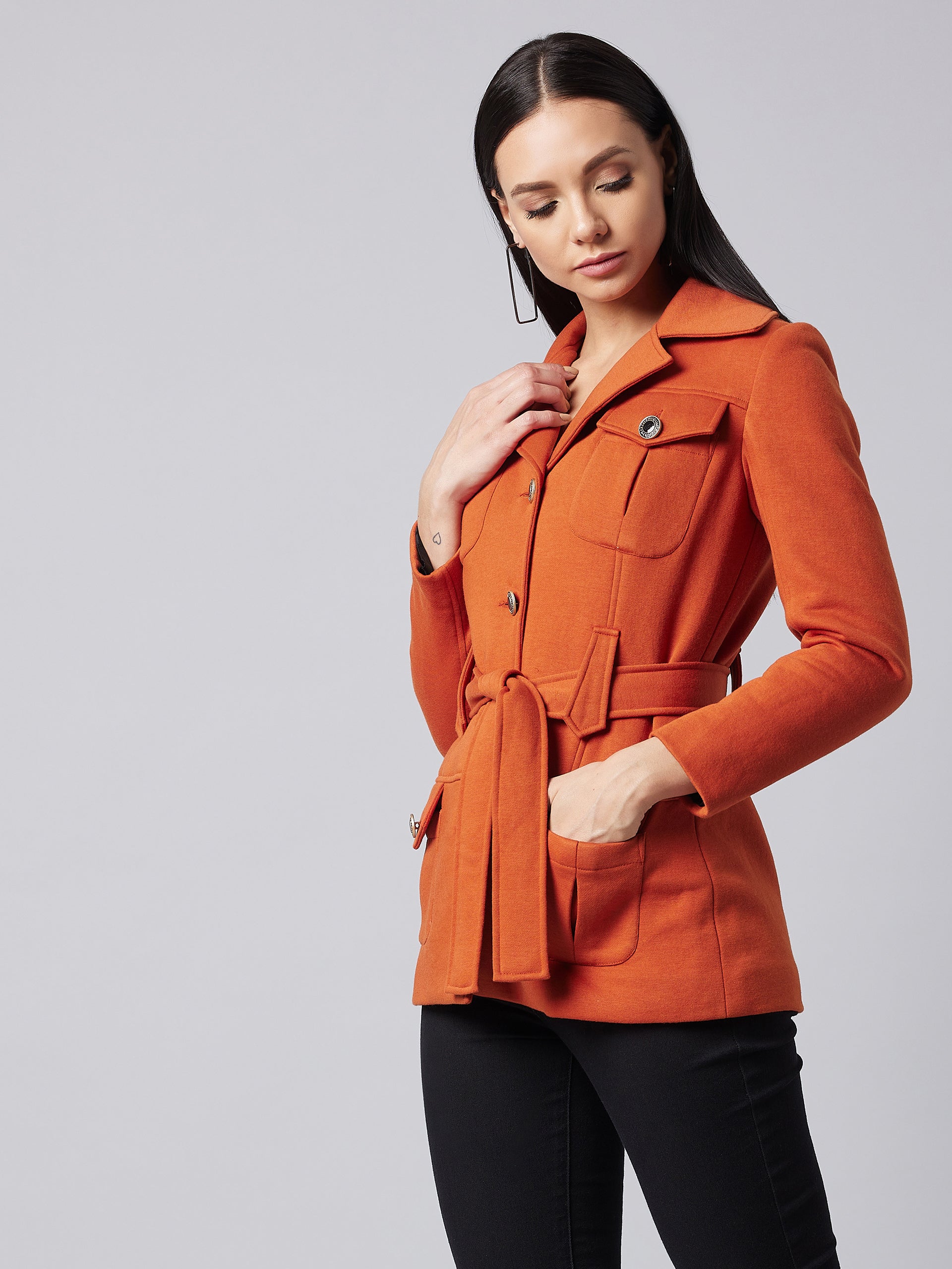 Women's Rust Notch Collar Full Sleeve Solid Safari Longline Jacket